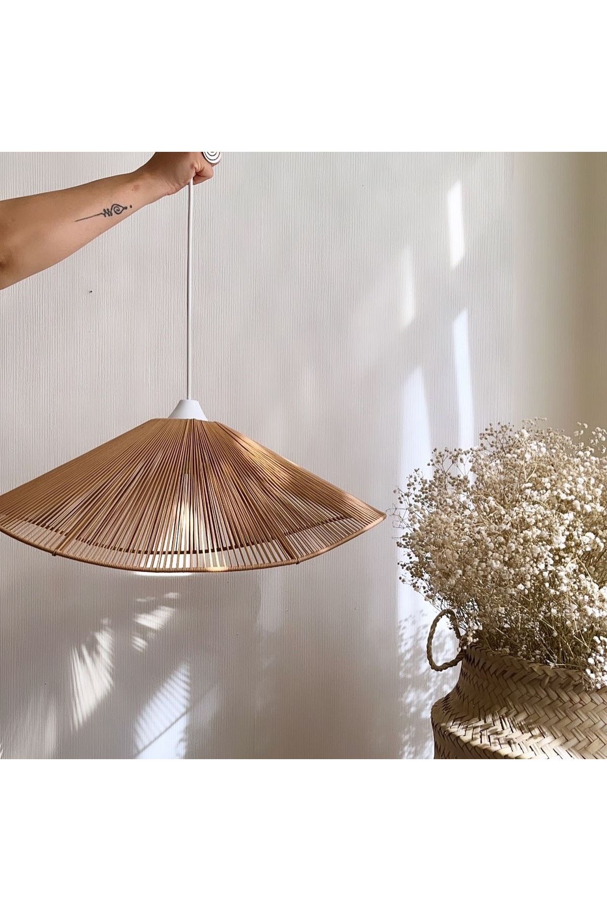 AFRALYAHOME Kahverengi Bohem Avize Hasır Rattan Bambu Makrome Avize 50 cm