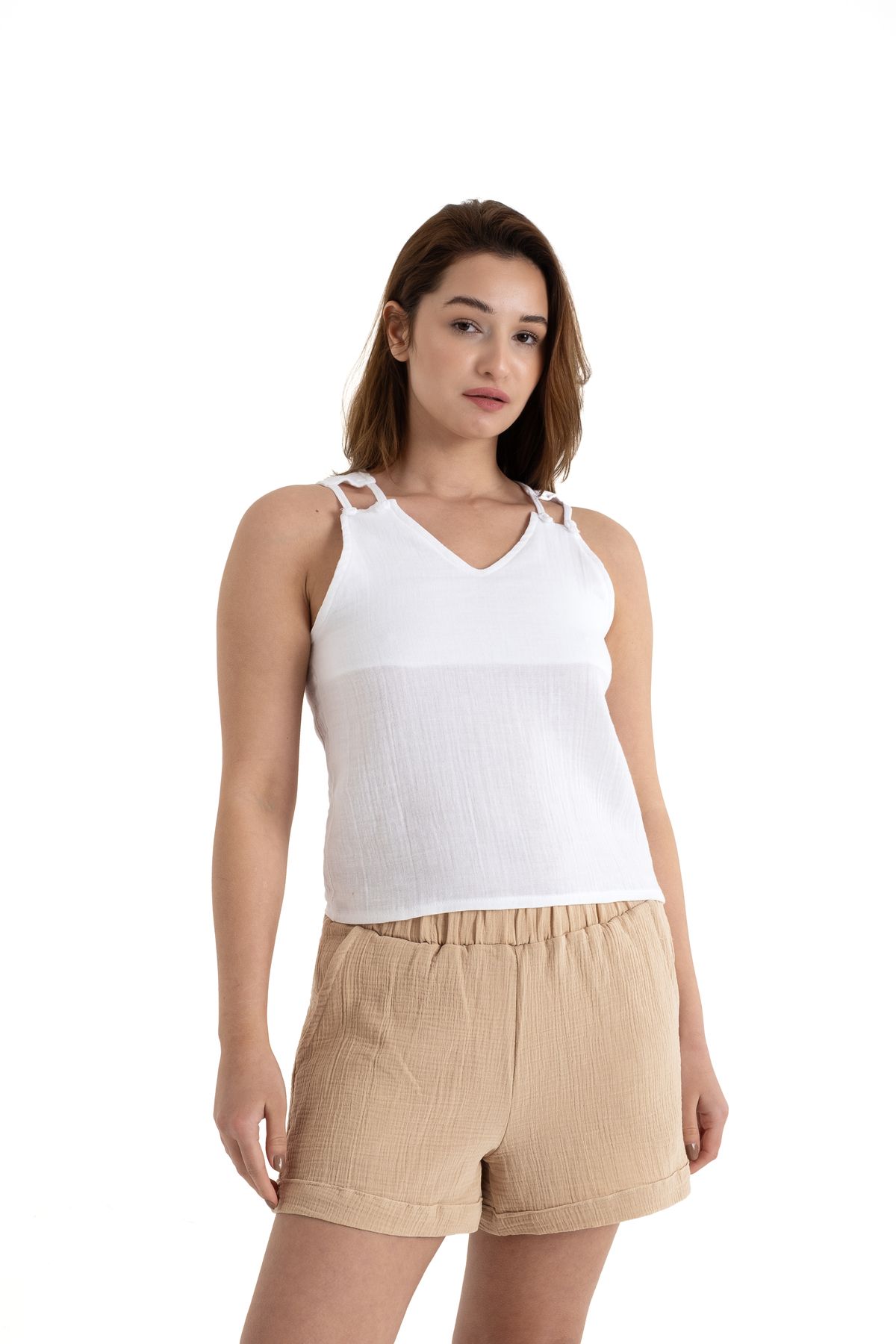 PANCHY CANKY 2 Katlı %100 Pamuk Müslin Omuz Detaylı Bluz Crop