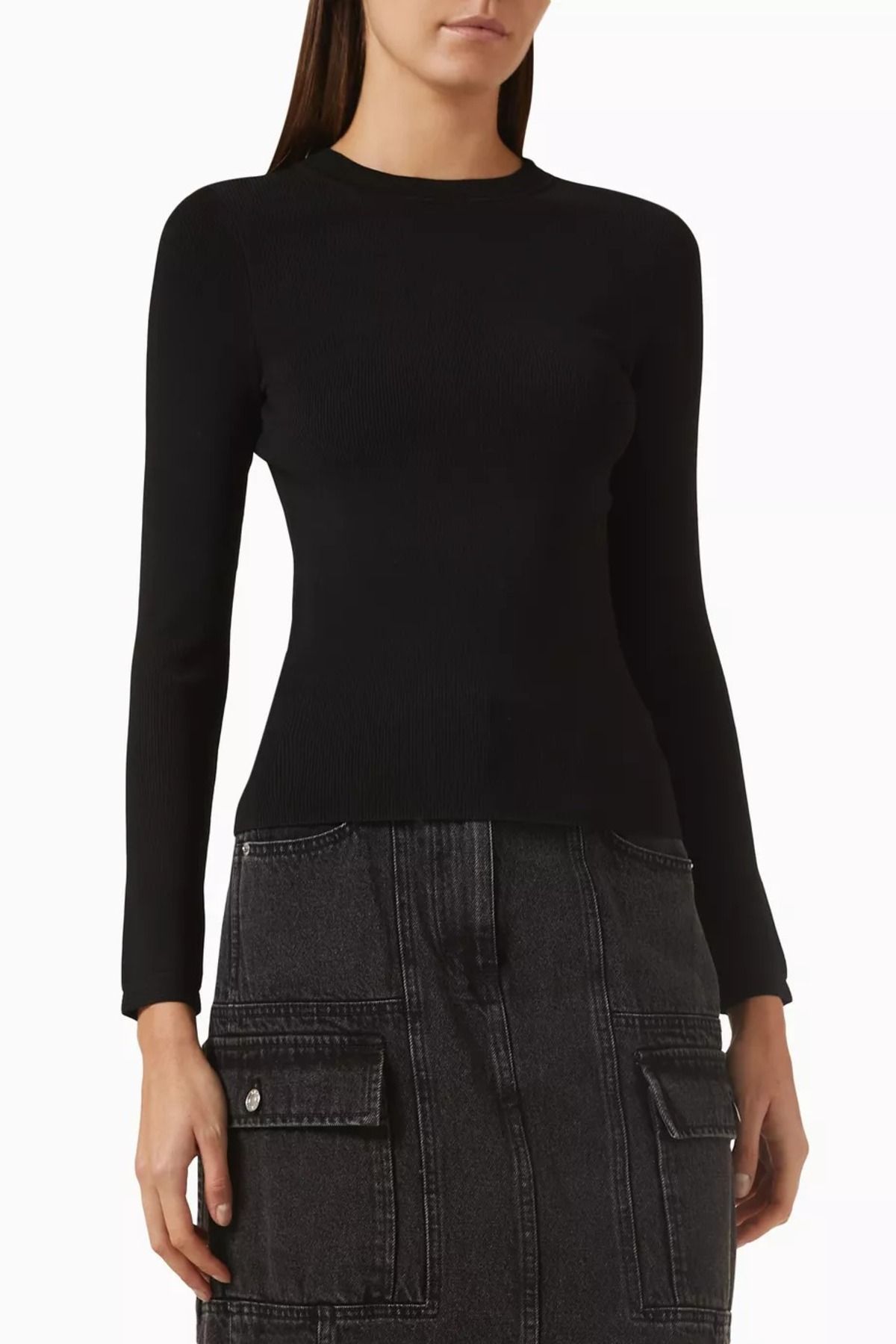 3.1 Phillip Lim Compact Ribbed Üst Siyah, Slim Fit, Katlanabilir Formda İnce Triko