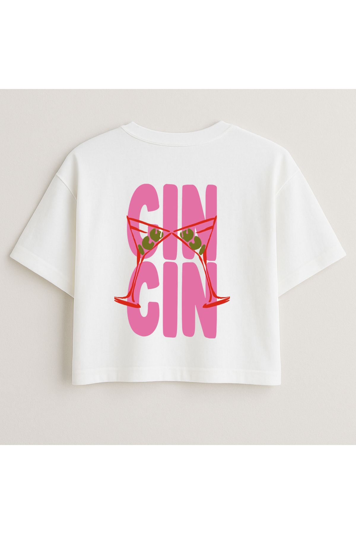 Minou Wear Gın Drinking Baskılı Özel Tasarım Beyaz Oversize Crop Tshirt