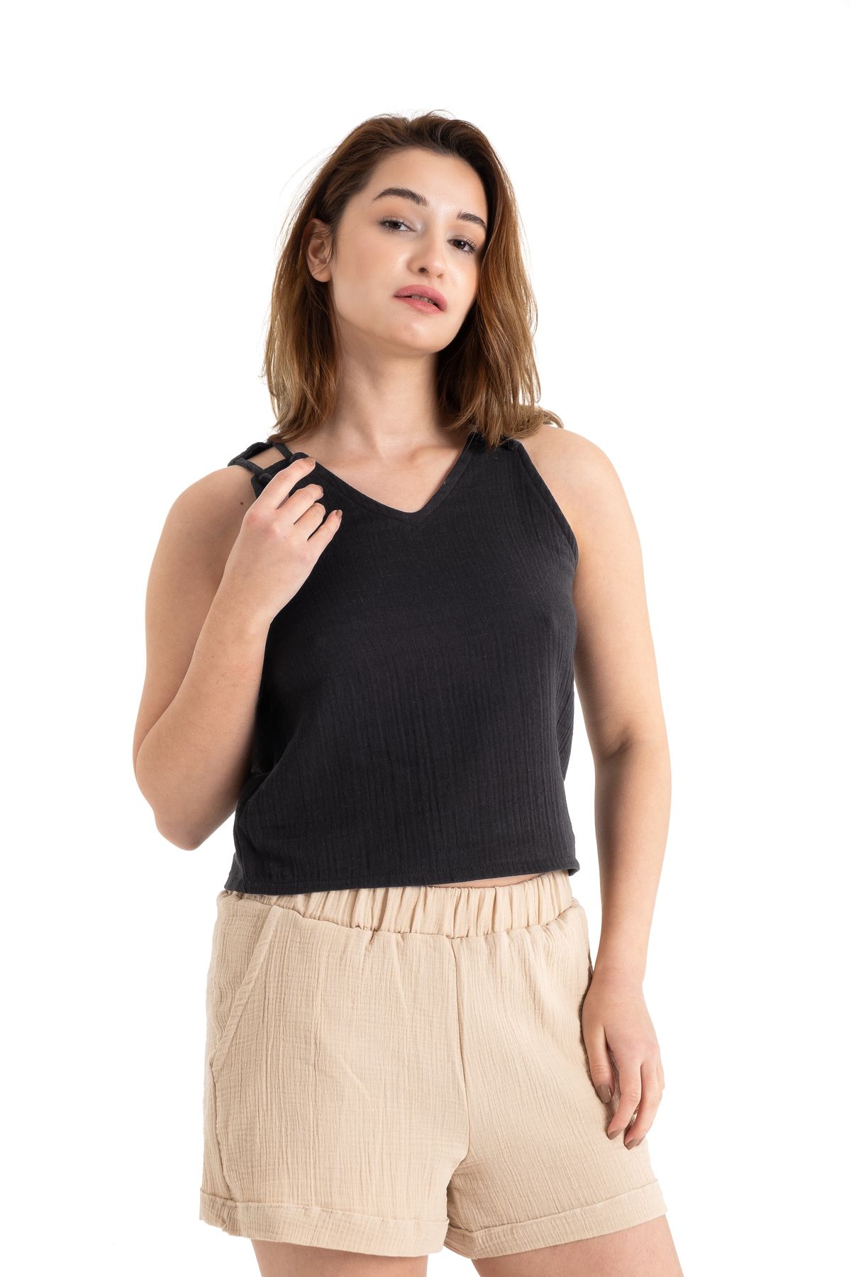 PANCHY CANKY 2 Katlı %100 Pamuk Müslin Omuz Detaylı Bluz Crop