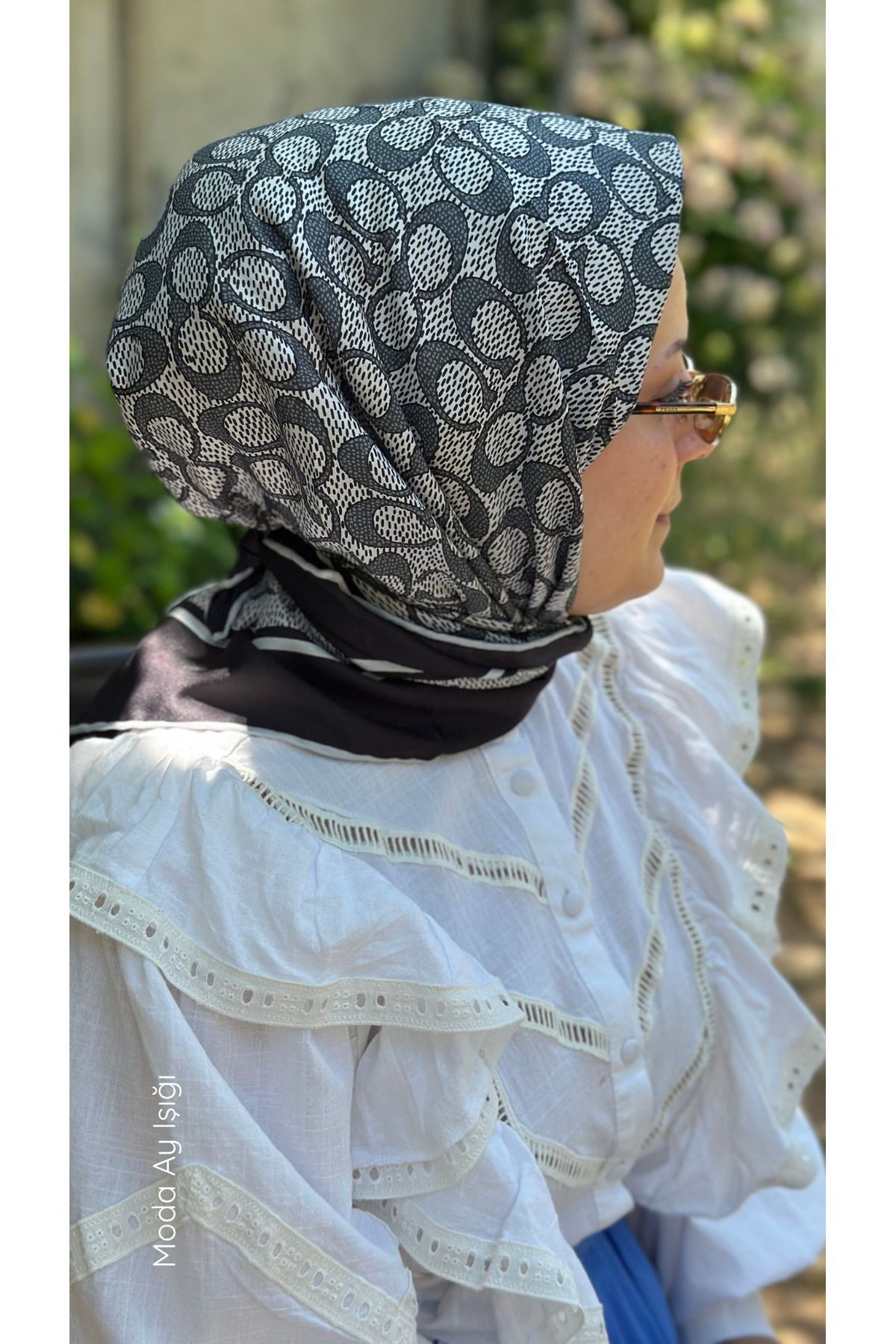modayışığı C Desen Twill İpek Eşarp Siyah/Gri