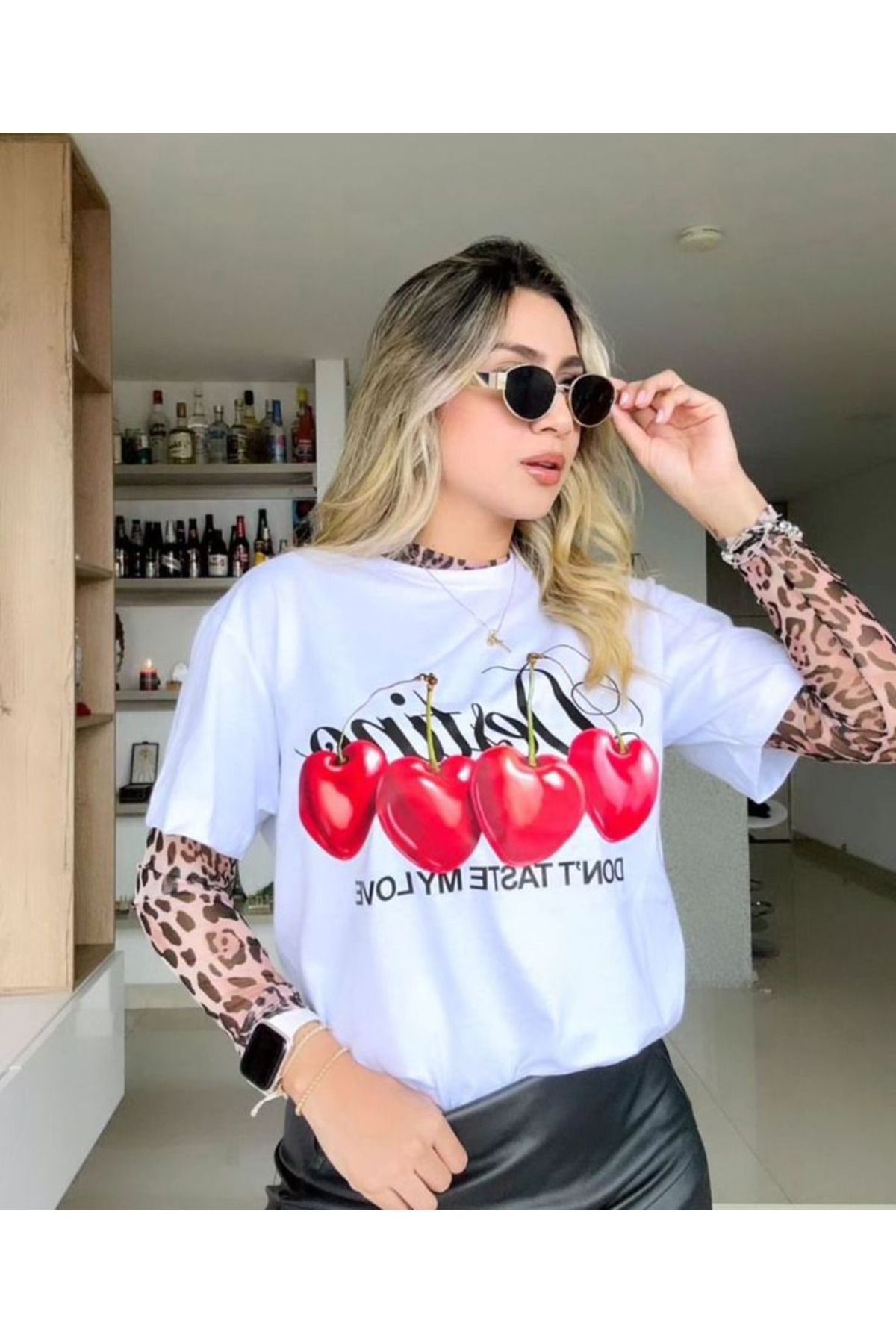 aynewmoda Yuvarlak yakalı ve not defteri baskılı kısa kollu tişört