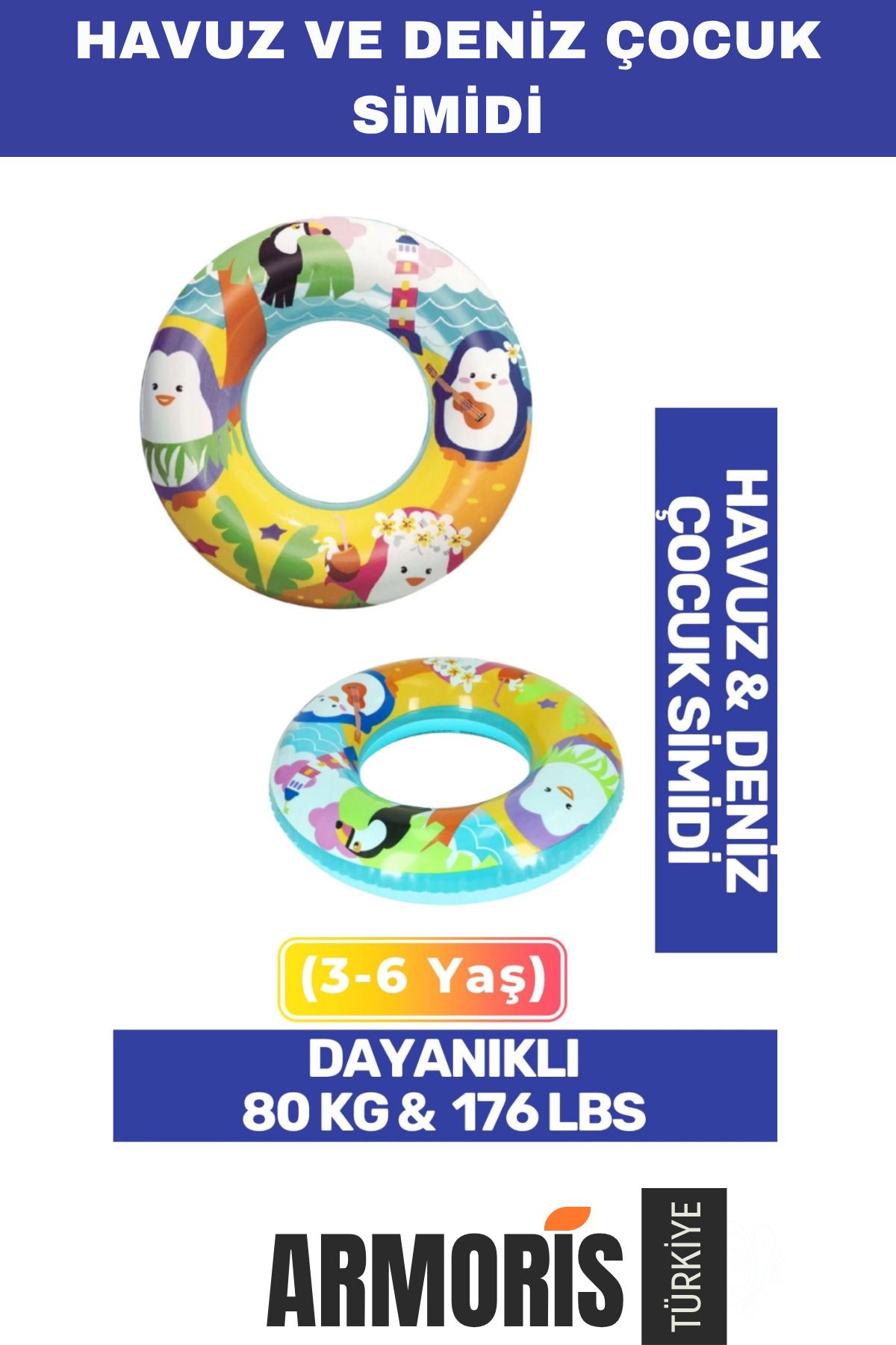 Armoris Yeni Nesil 80 kg Dayanıklı 176 lbs Çocuk 3-6 Yaş 51 Cm Sevimli Hayvanlar Desenli Deniz Havuz Simit