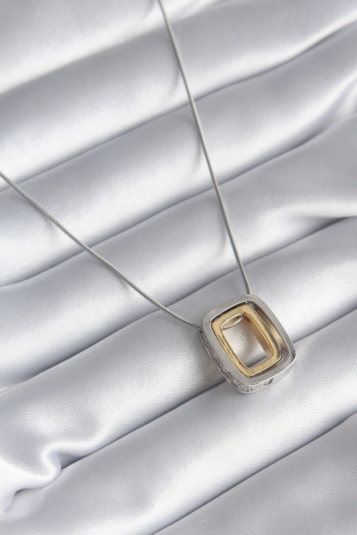shopwave 316L Çelik Gold Gümüş Renk Kare Model Zirkon Taş Detay Kadın Kolye