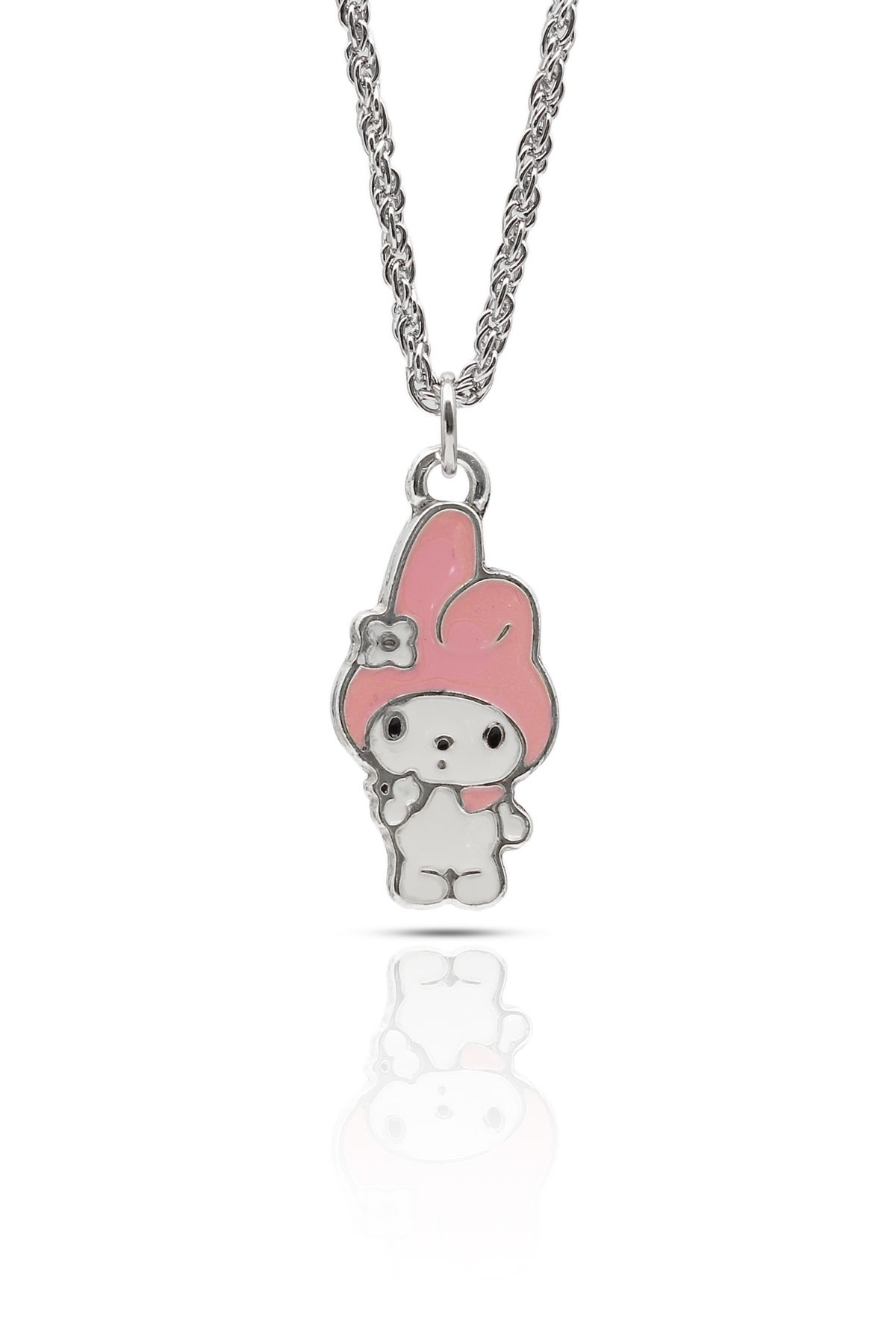kolbi Hello Kitty My Melody Karakter Kolye – Pembe Beyaz Mineli Gümüş Renk Burgu Zincirli