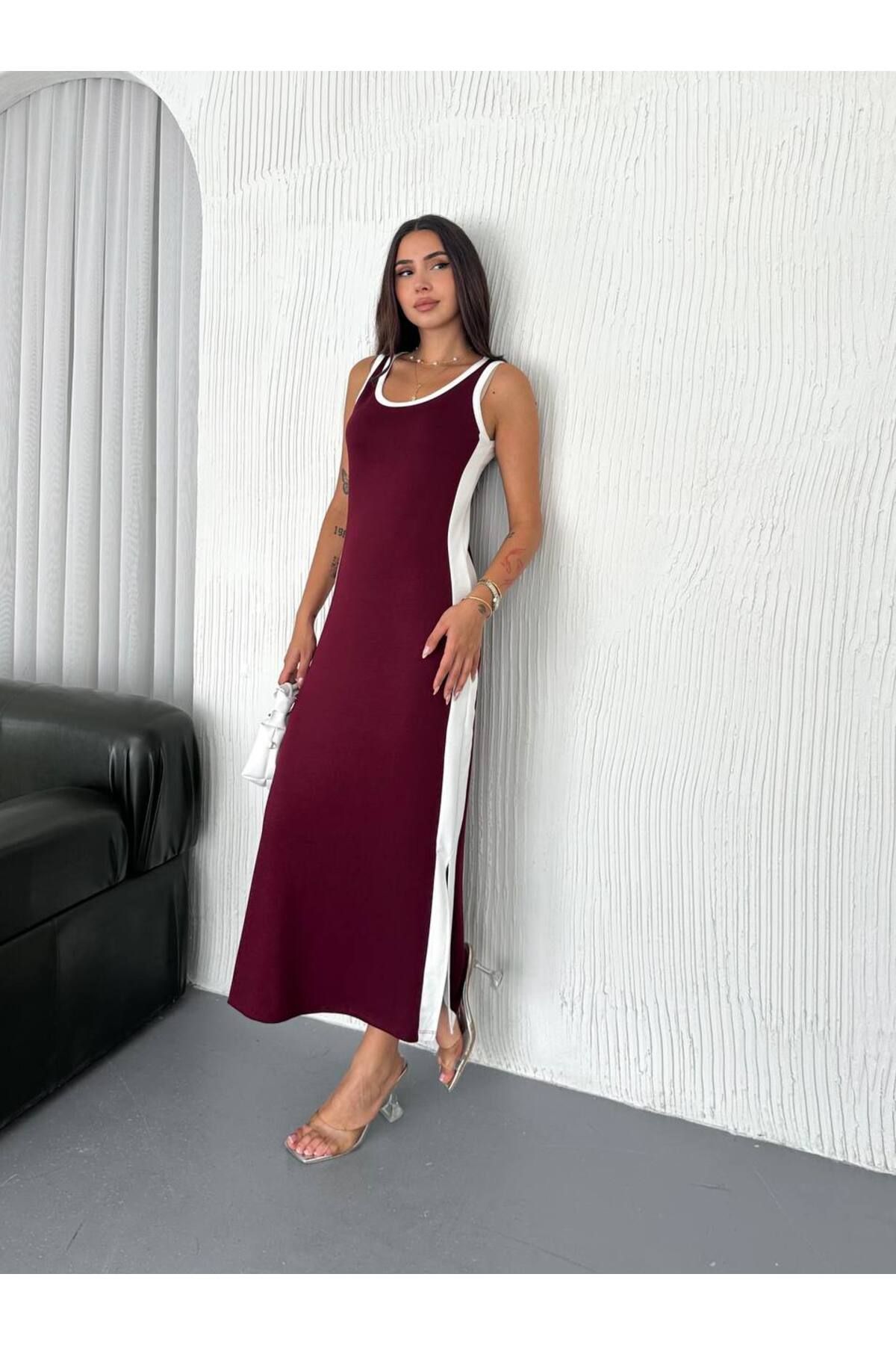 Bella Breeze Kadın Yan Şeritli Basic Stil Atlet Yaka Uzun Elbise