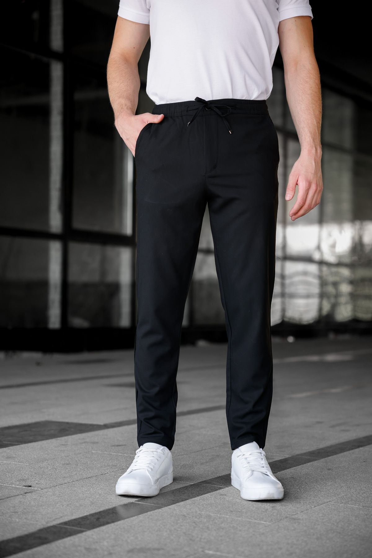 Ser Joven Erkek Siyah Relaxed Fit Yandan Cepli Beli Lastikli Bağcıklı Jogger Pantolon