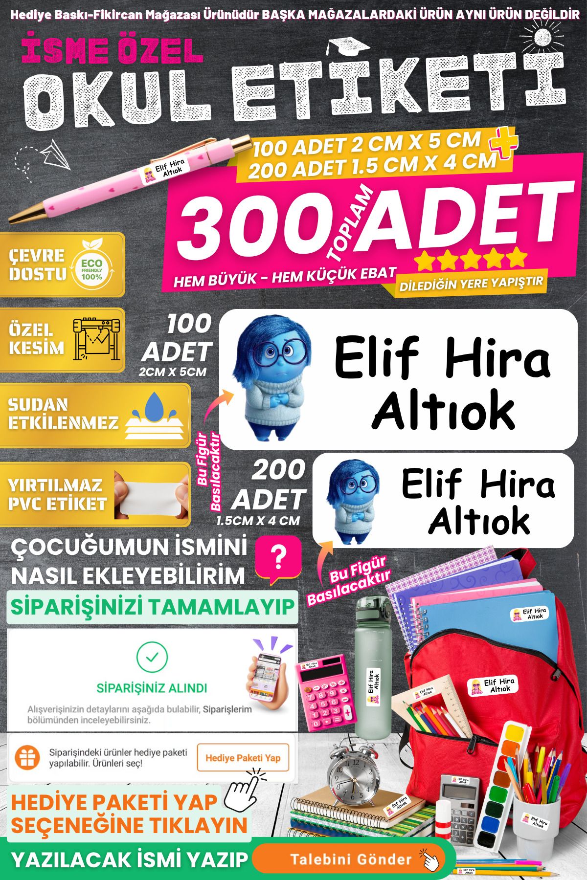 FİKİRCAN Fikircan-İsme Özel Okul Etiket Seti - ÜZÜNTÜ 300 Adet - Kokusuz PVC ETİKET