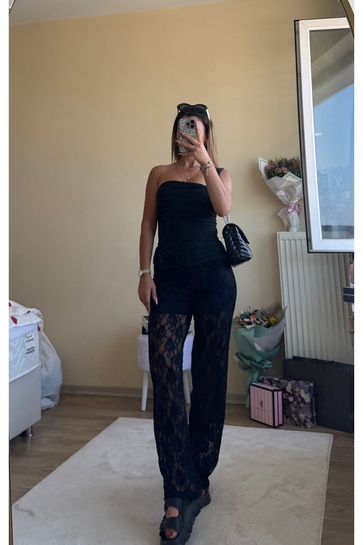 imrayboutique Kadın Siyah Transparan Yüksek Bel Dantel Pantolon