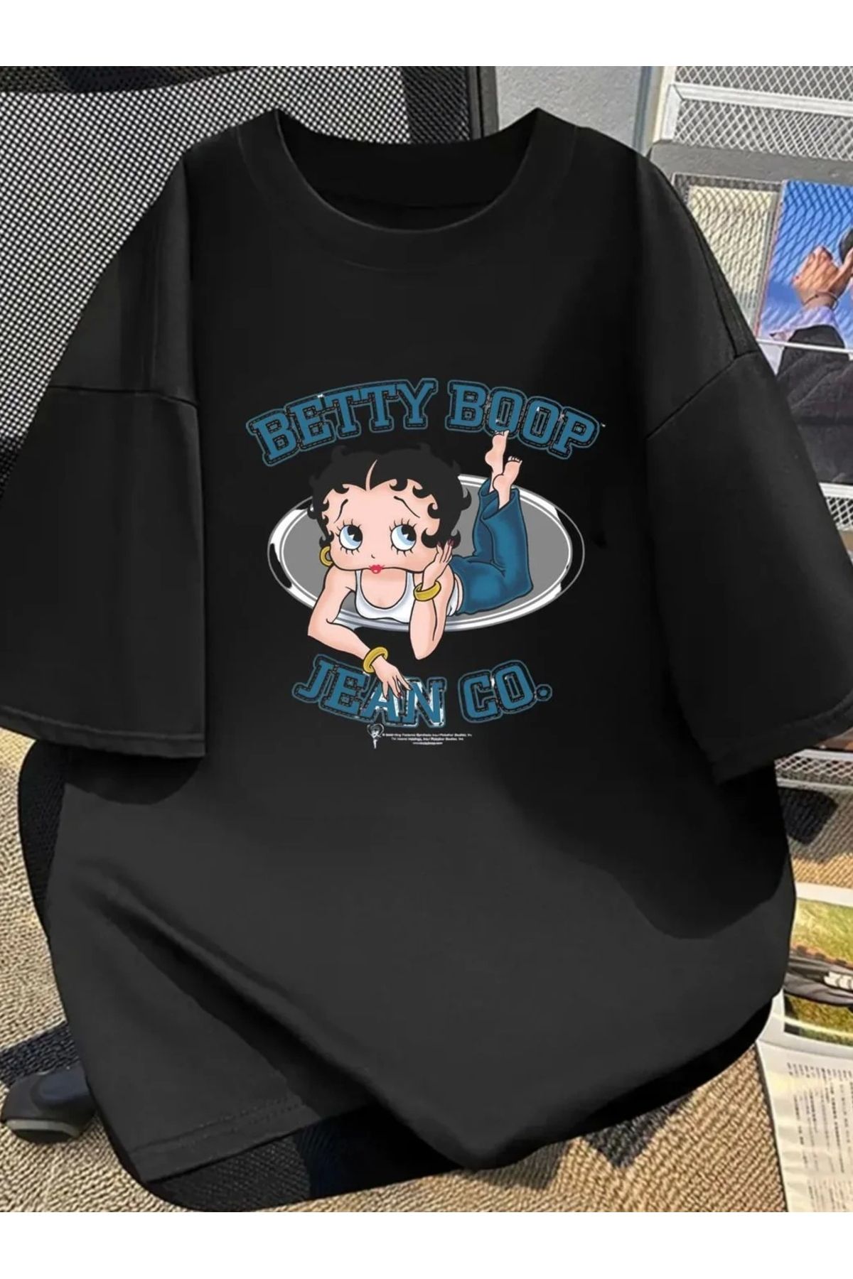 1blood Siyah Betty Boop Baskılı Unisex Oversize T-shirt