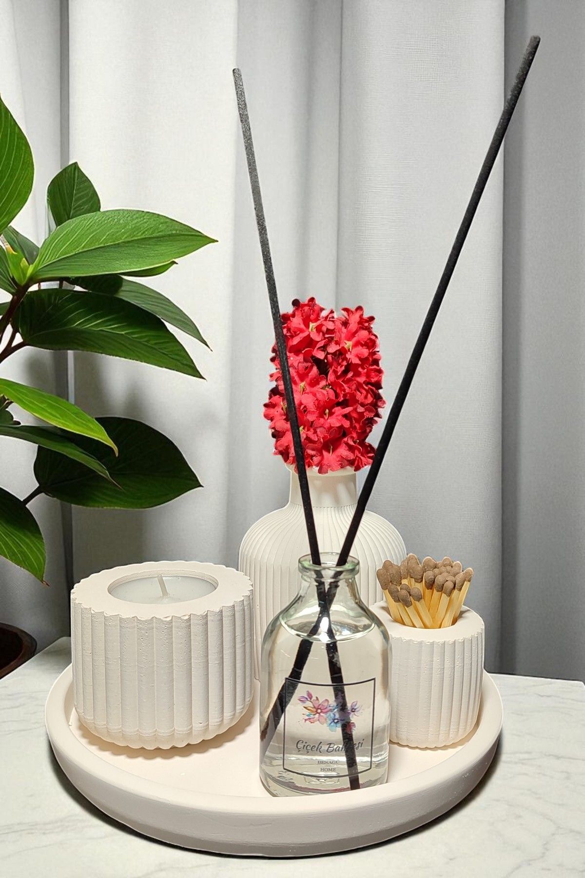 BESAGU HOME Dekoratif 5 Parça Vazo Seti - Vazo, Oda Kokusu, Kibritlik, Yuvarlak Tepsi, Tealight Mumluk