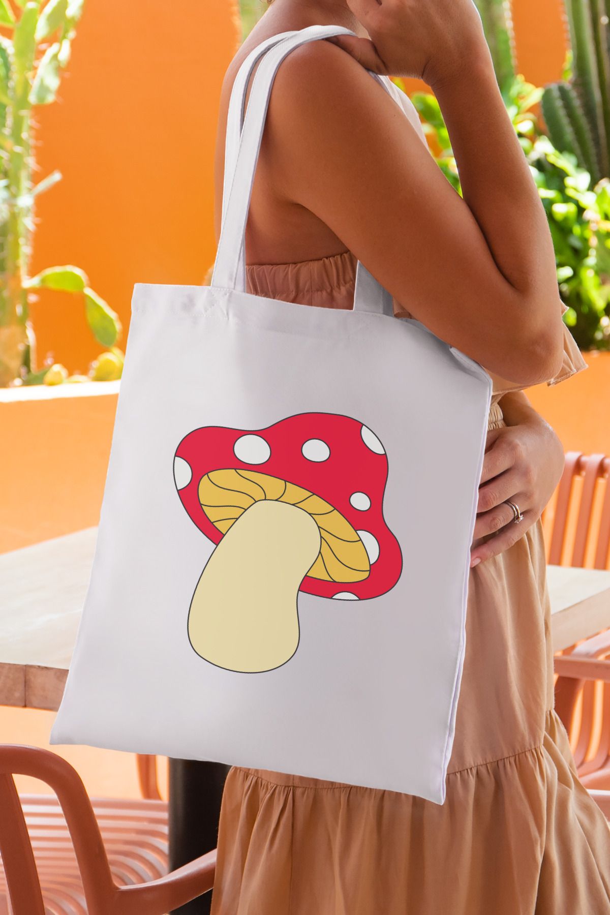 SevindirenŞeyler Red Mushroom Mantar Baskılı Bez Çanta Plaj Çantası Tote Bag - Sevindiren Şeyler