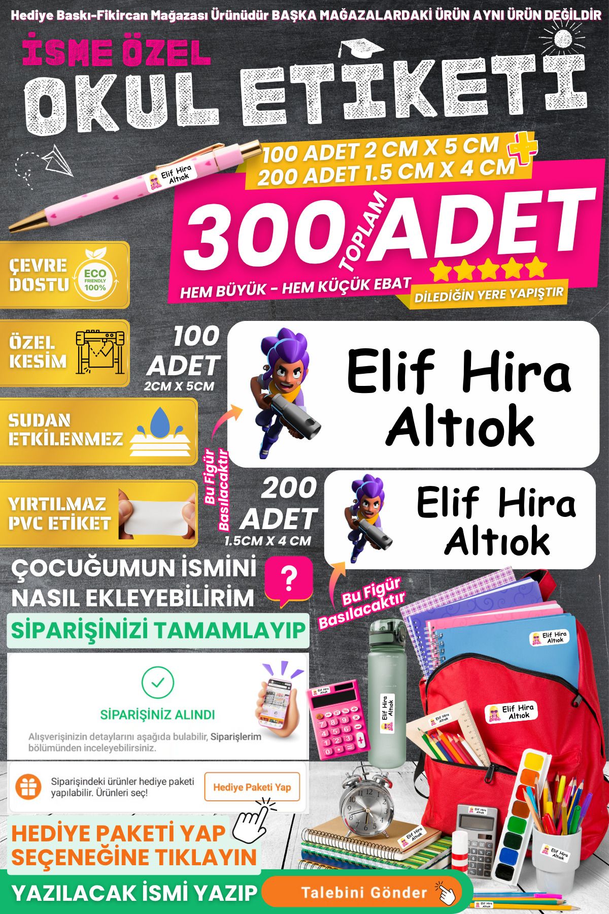 FİKİRCAN Fikircan-İsme Özel Okul Etiket Seti -SHELLY 300 Adet - PVC ETİKET