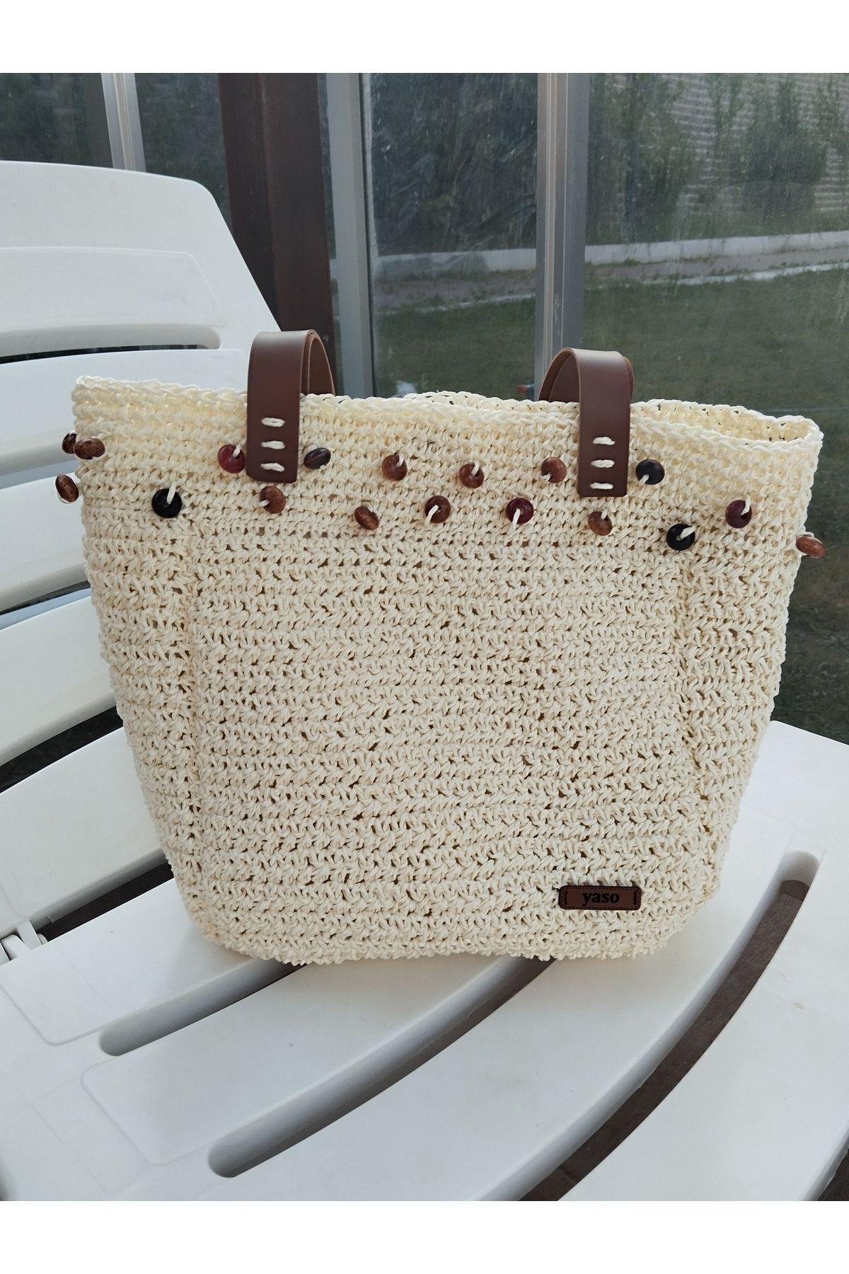 yaso shop Krem Boncuklu El Örgüsü Hasır Omuz Çantası