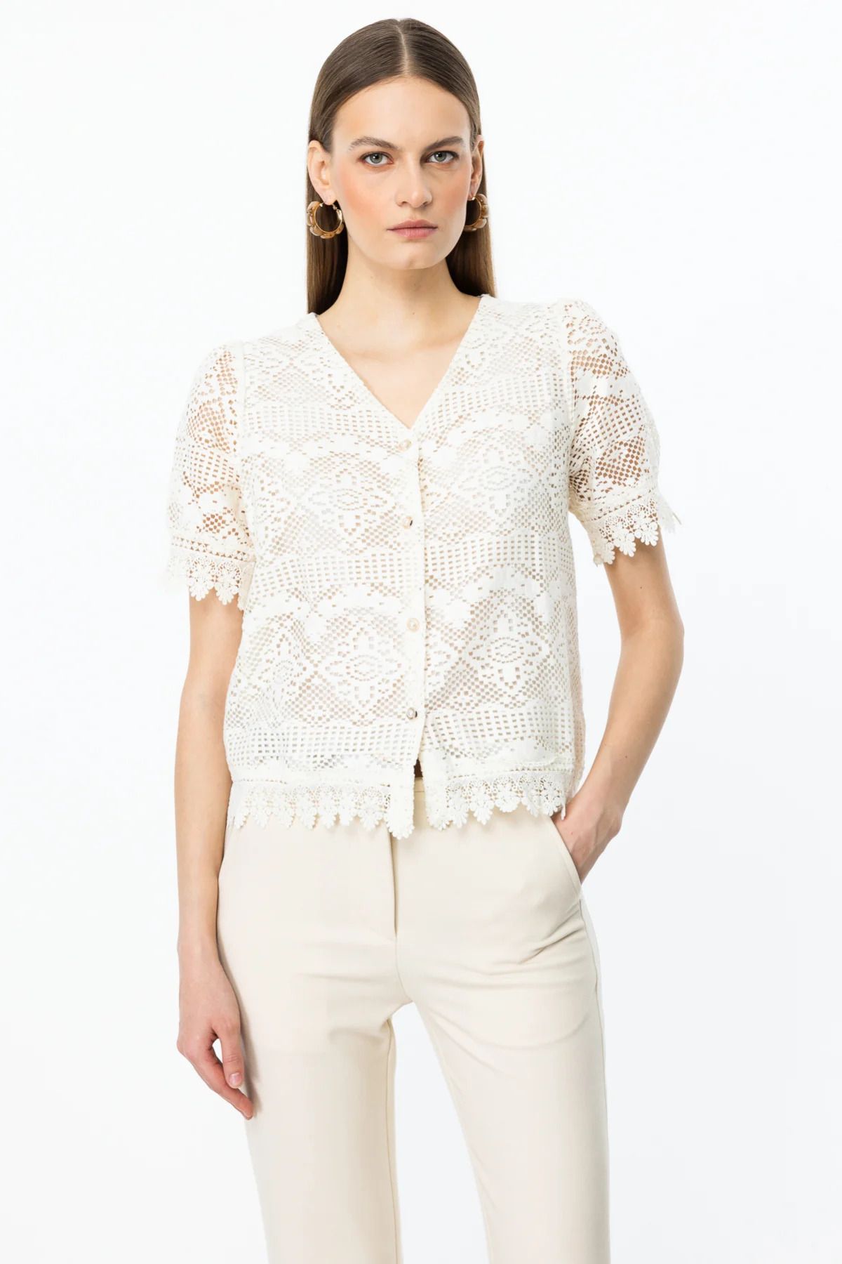 On Fashion On Dantelli V Yaka Hırka Ekru-50904