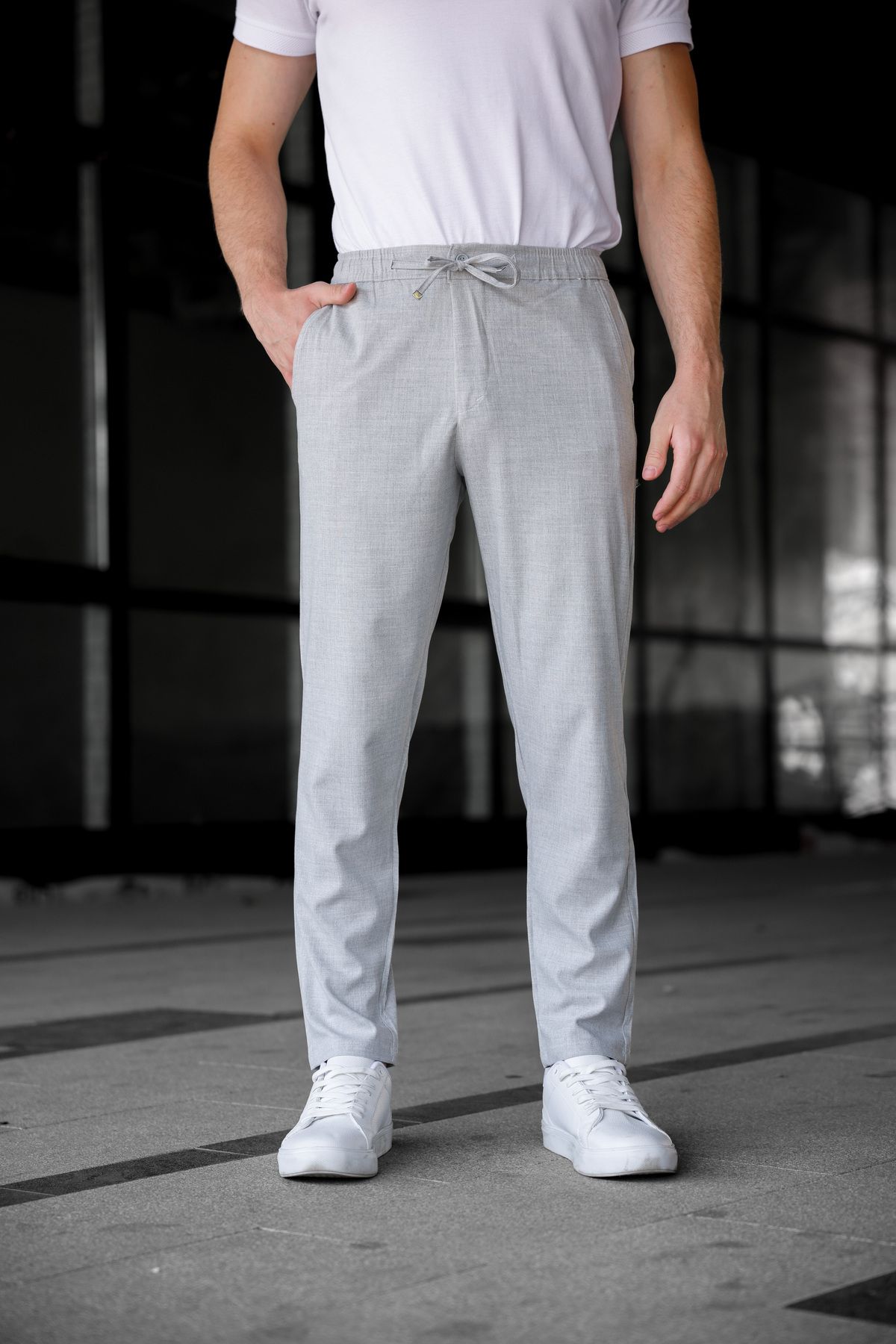 Ser Joven Erkek Gri Relaxed Fit Yandan Cepli Beli Lastikli Bağcıklı Jogger Pantolon