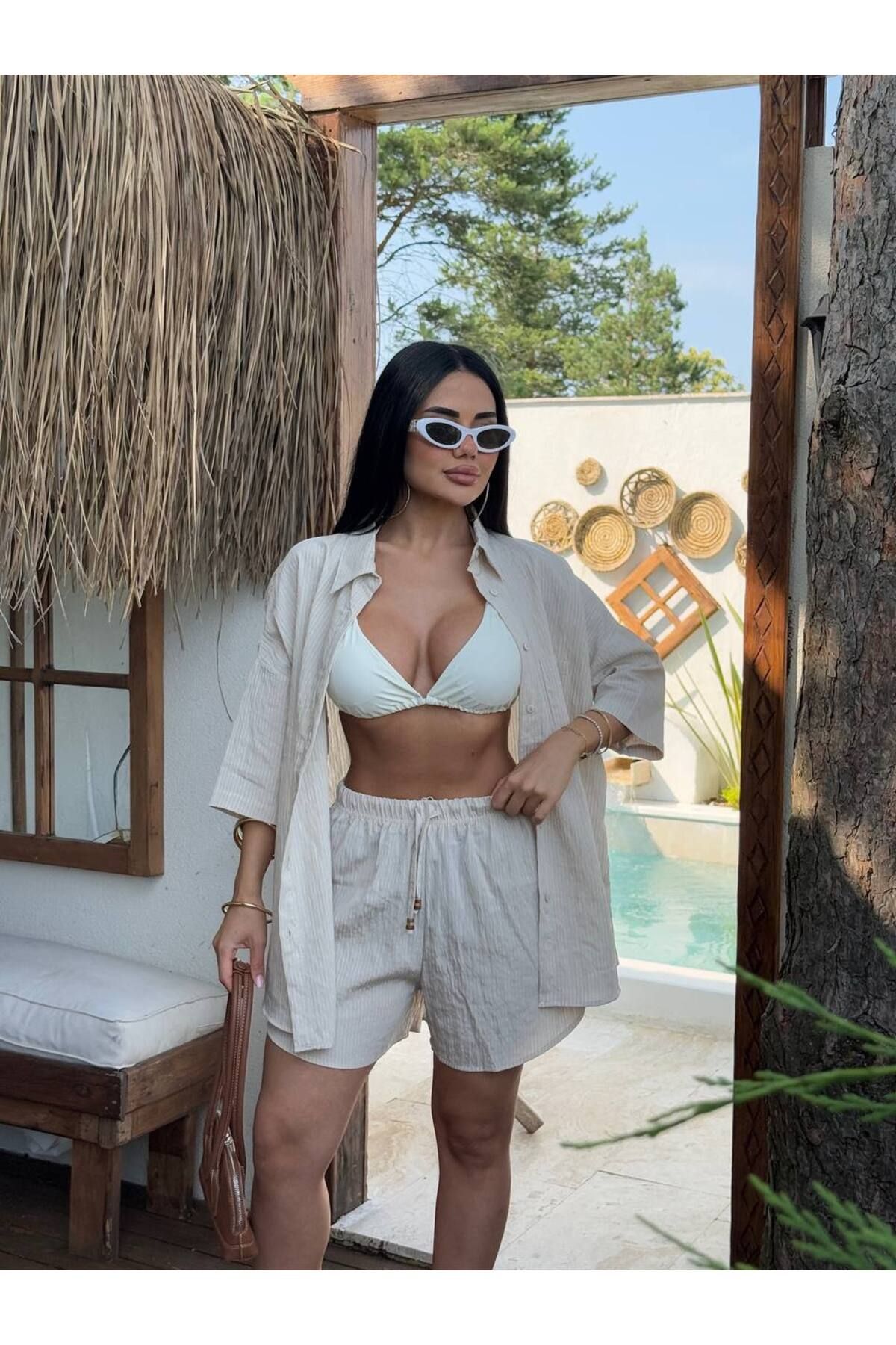 Lady Pixie Kadın Keten Kumaş Oversize Gömlek Şort Takımı
