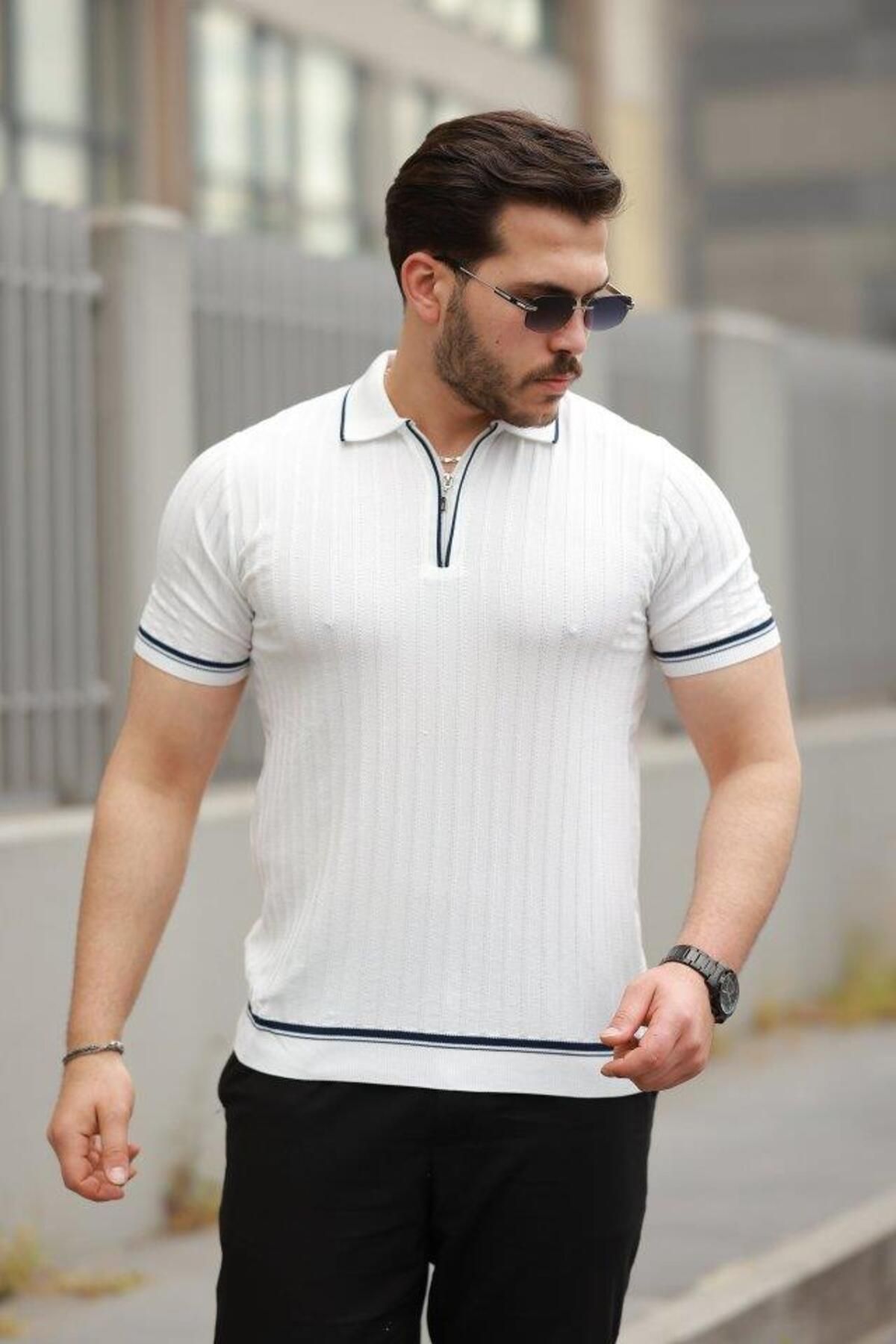 modamtn Erkek Fermuarlı Yakalı Kısa Kollu T-shirt