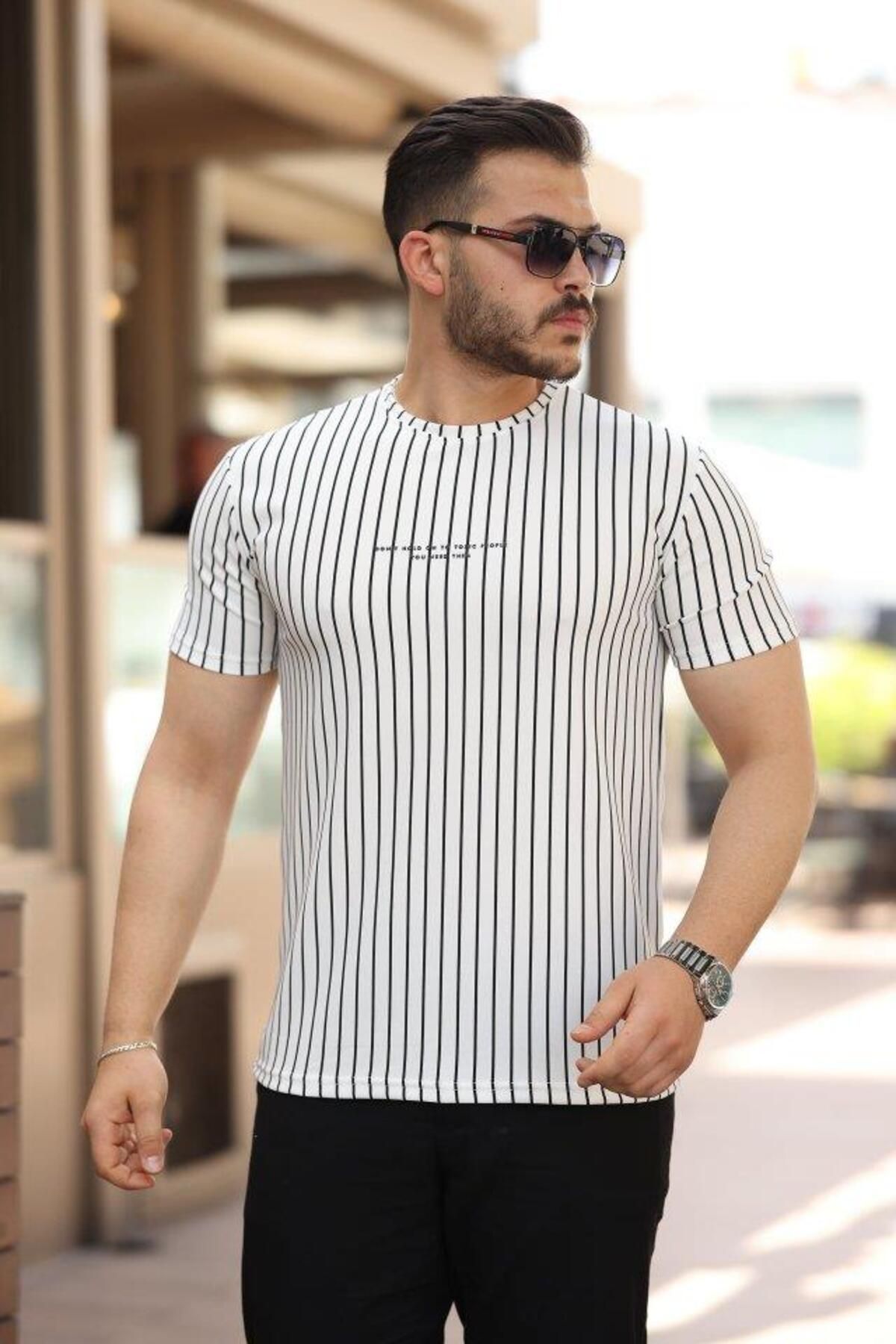 modamtn Erkek Dikey çizgili Ottoman Kumaş Kısa Kollu T-shirt