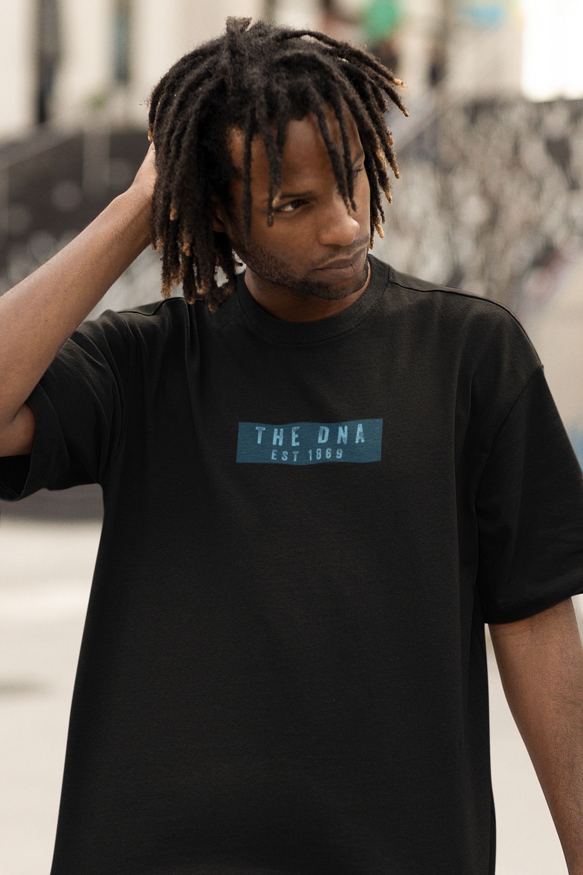 Uniquetex NUBENSE / DENPA-07 - Oversize Unisex DNA Baskılı Siyah Bisiklet Yaka T-shirt (Bilim Tişört)