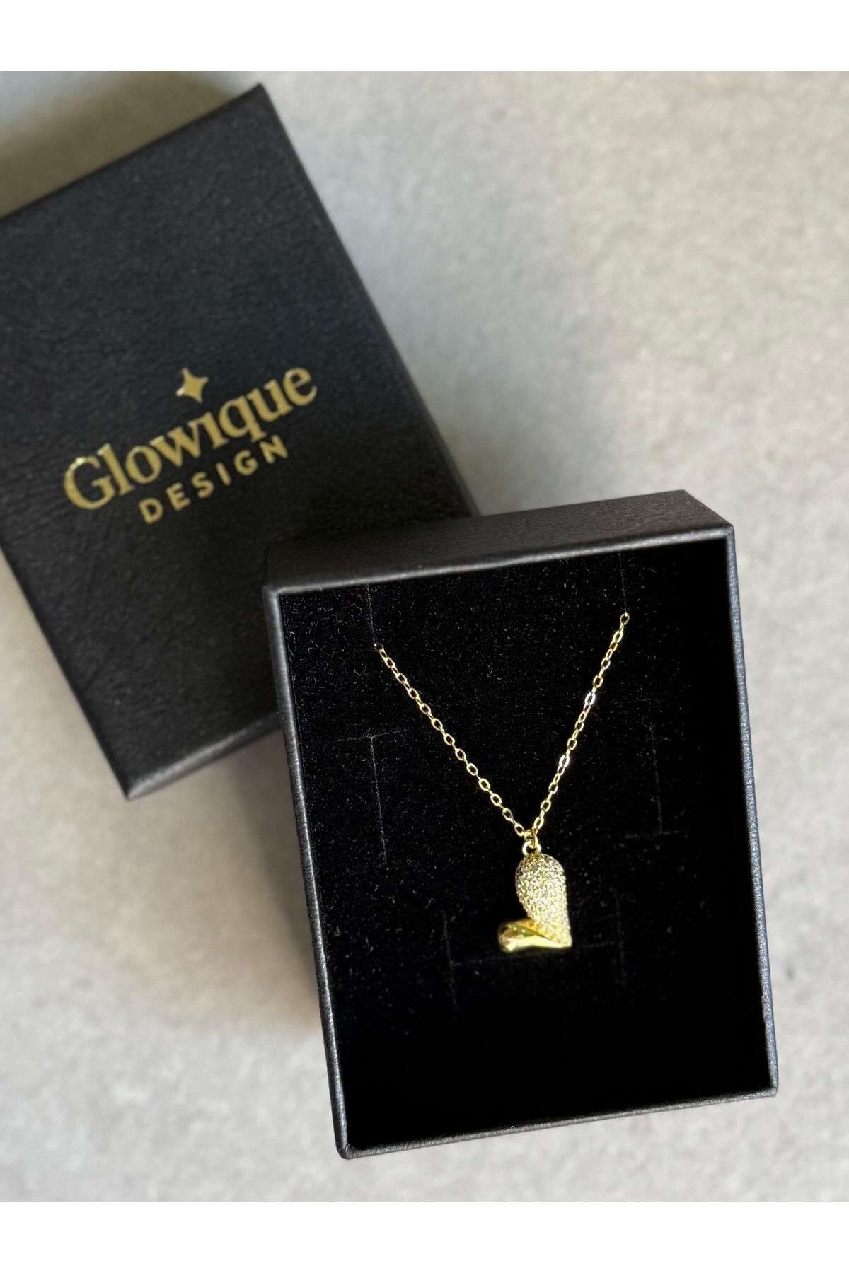Glowique Design 925 Ayar Taşlı Gold Kalp Kolye