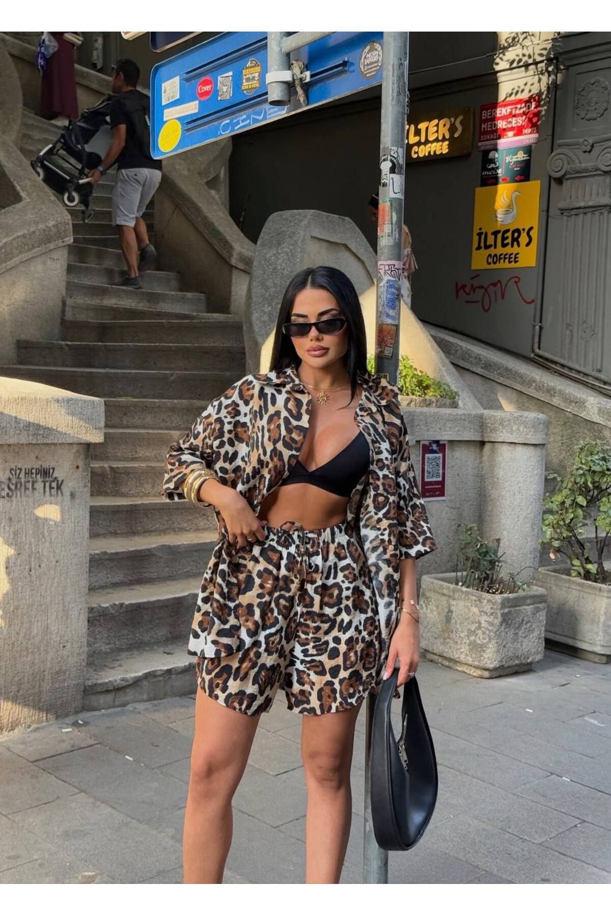 Lady Pixie Kadın Keten Kumaş Oversize Gömlek Şort Takımı