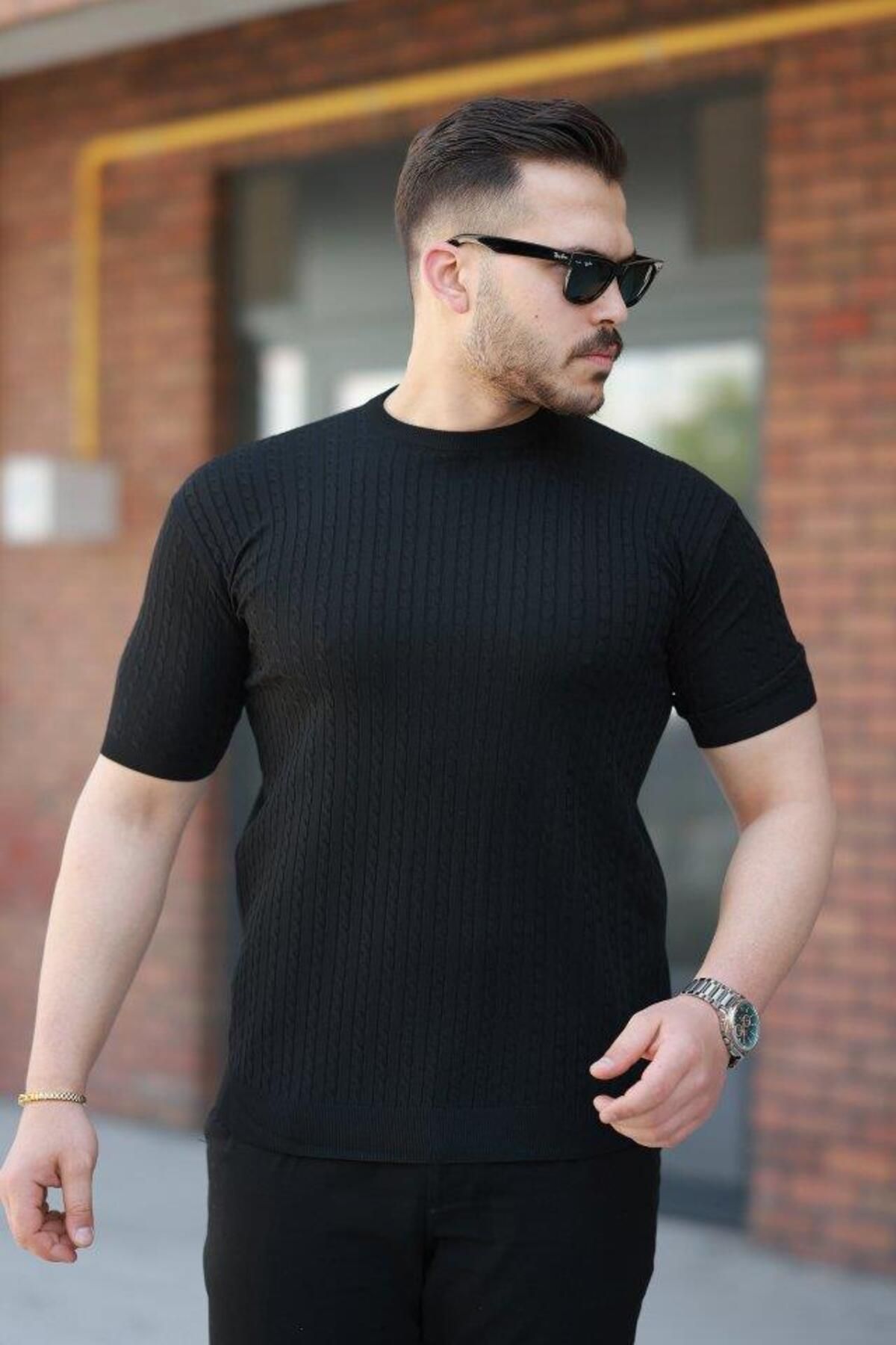 modamtn Erkek Bisiklet Yaka örgü Desenli Kısa örme Triko Kısa Kollu T-shirt