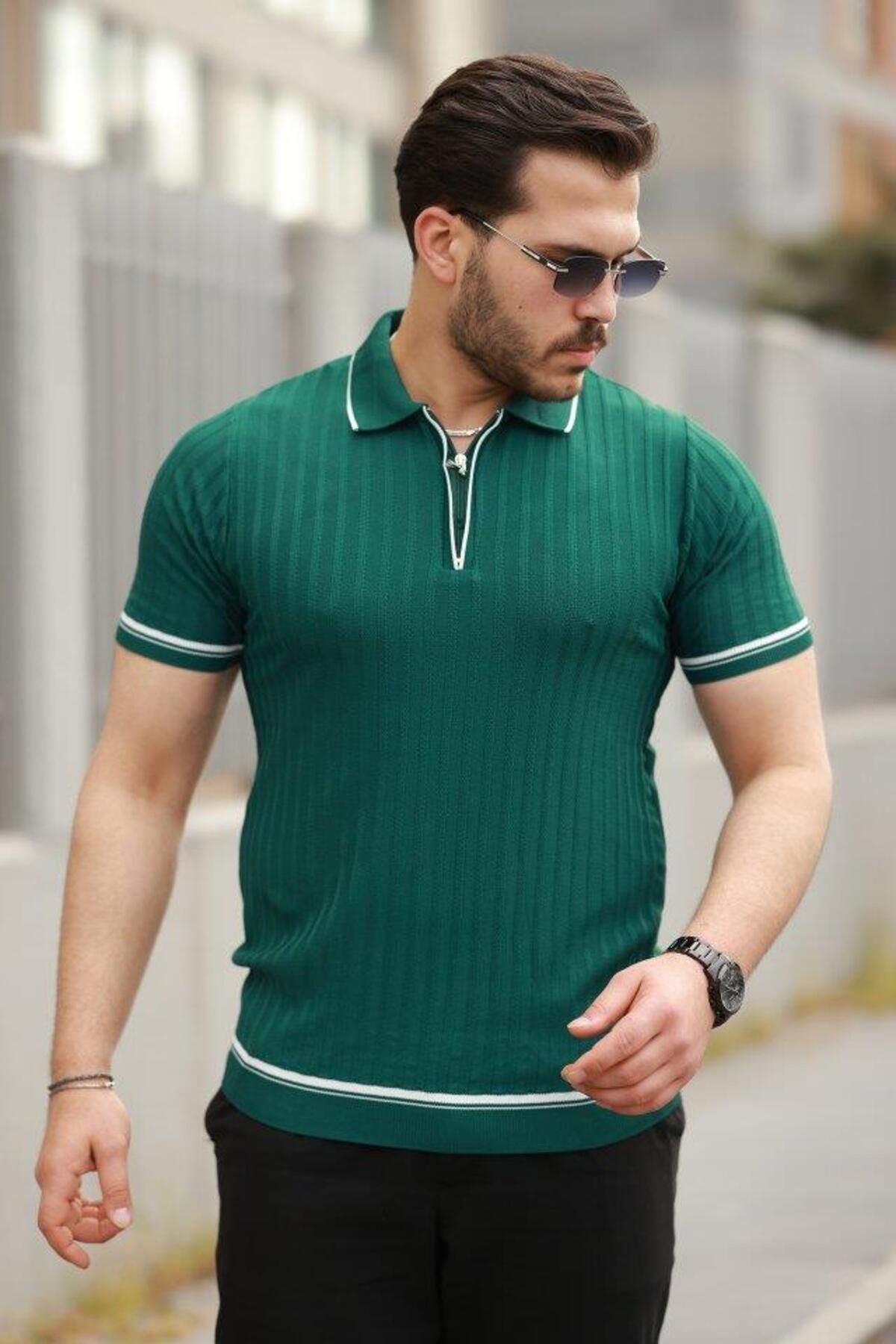 modamtn Erkek Fermuarlı Yakalı Kısa Kollu T-shirt