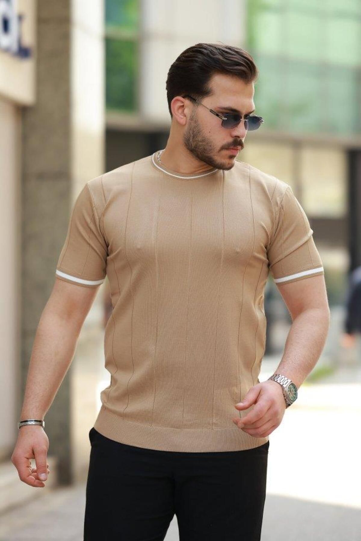 modamtn Erkek Bisiklet Yaka çizgi Desenli Ribanalı Kısa Kollu Tshirt