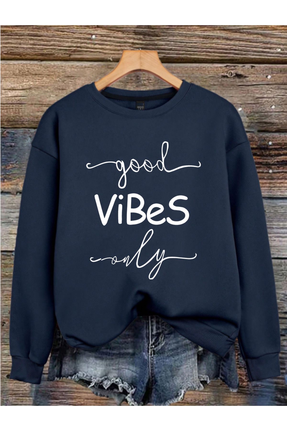 MAGORS GOOD VIBES ONLY BASKILI 3 İPLİK BİSİKLET YAKA UZUN KOLLU SWEATSHIRT