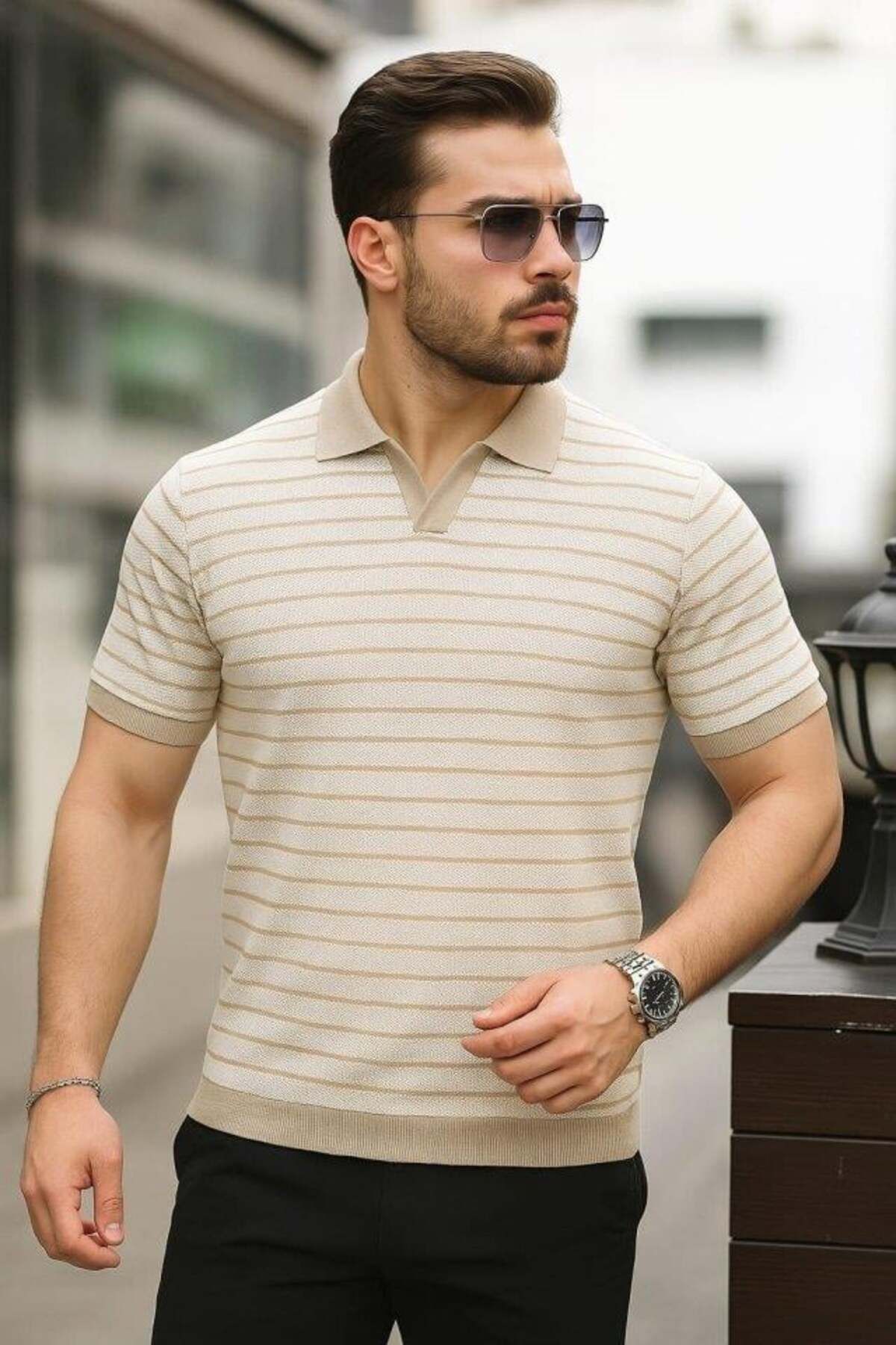 modamtn Erkek Kısa Kollu çizgi Desenli örme Kumaş Tshirt