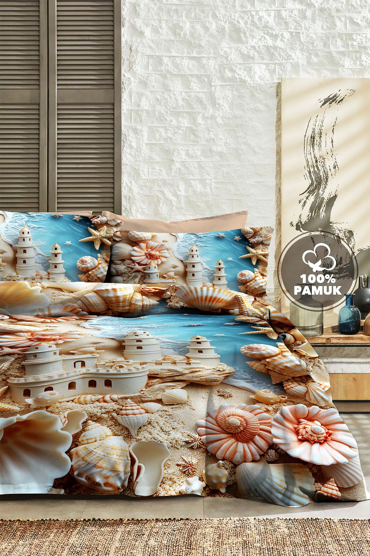 PerlaSera %100 PAMUK Ranforce Çeyizlik Luxury 5D Dijital Çift Kişilik Nevresim Takımı Sahil 2