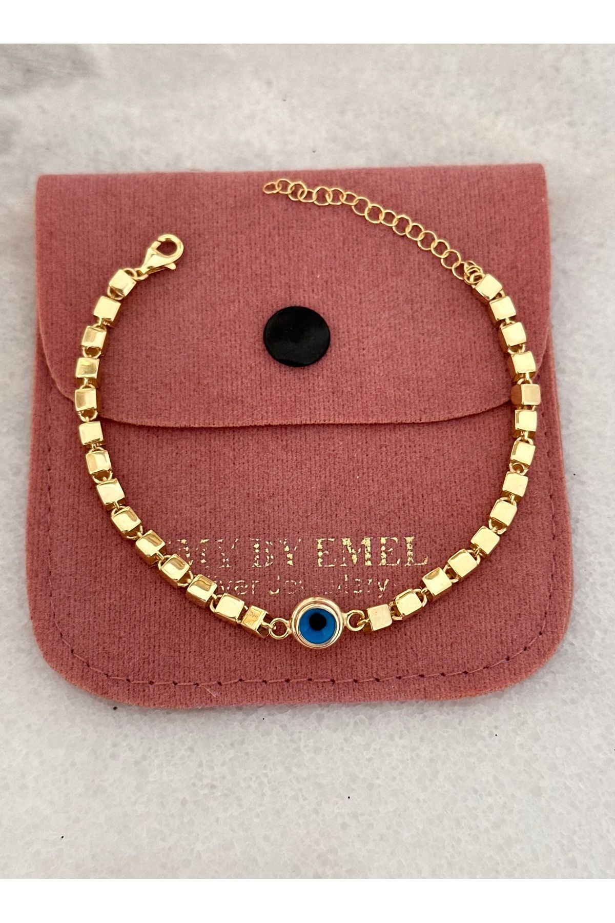 emy by emel luxury silver jewelry Altın Kaplama Küp Zincirli Nazar Boncuklu Bileklik 925 Ayar Gümüş