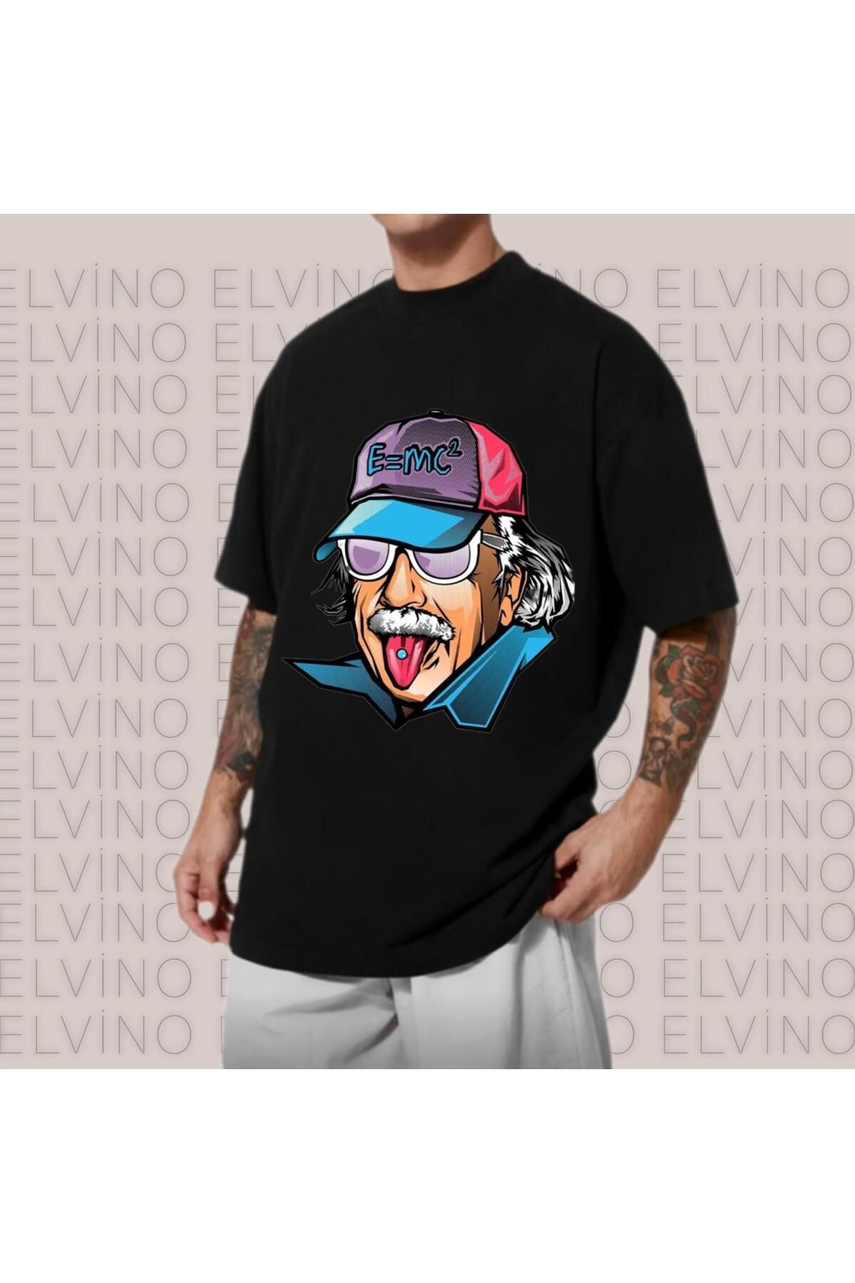 Elvino Einstein Baskılı Oversize Unisex Kadın/Erkek Siyah Bisiklet Yaka Tshirt