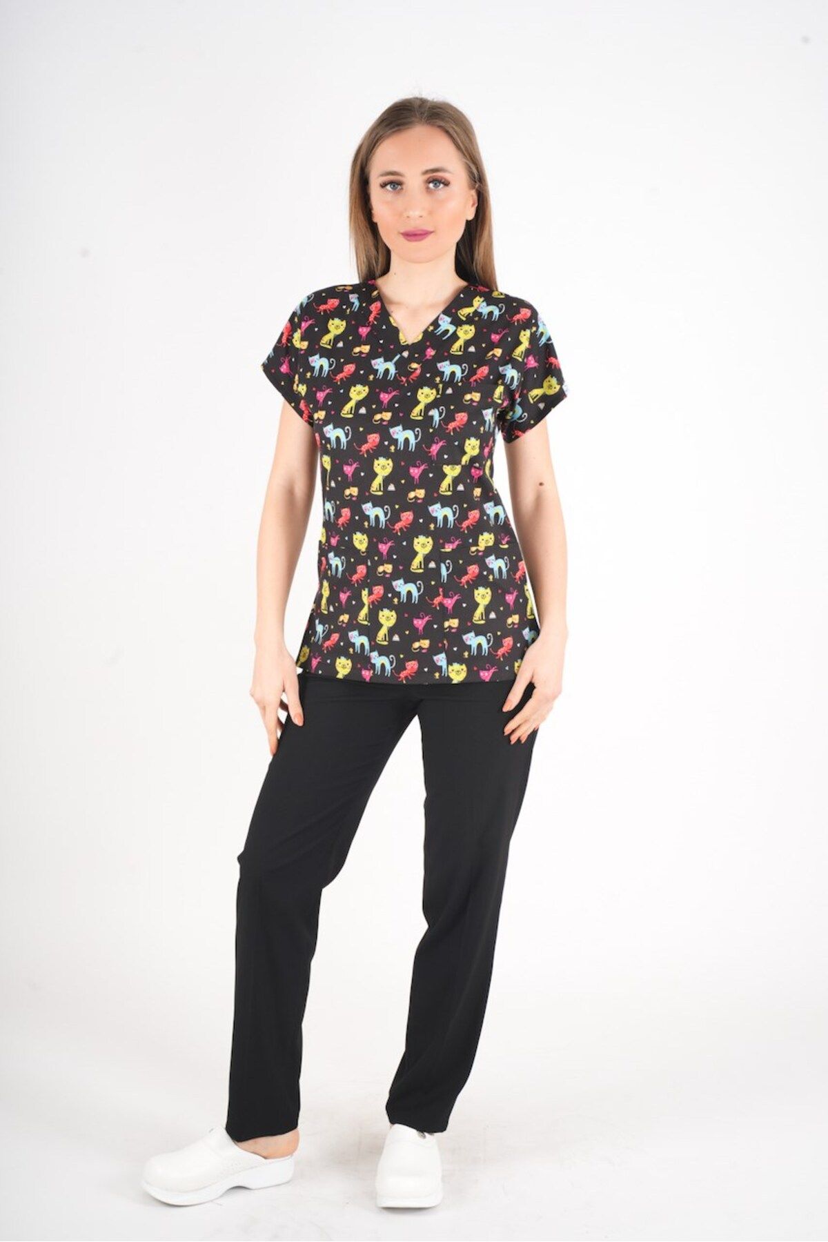 Nur Medikal Giyim Unisex Cool Cats Club Desenli Doktor Hemşire Hastane Aşçı Mutfak Scrubs Üniforma Takım
