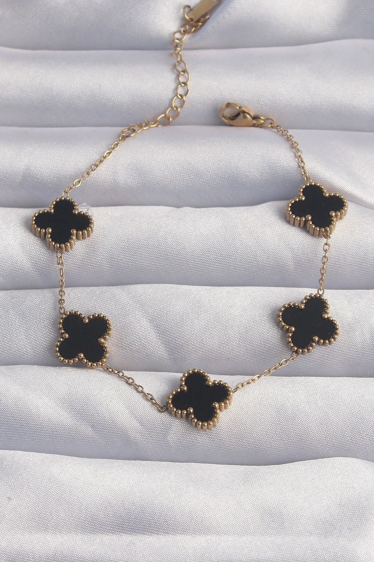 shopwave 316L Çelik Gold Renk Siyah Mineli Yonca Bileklik