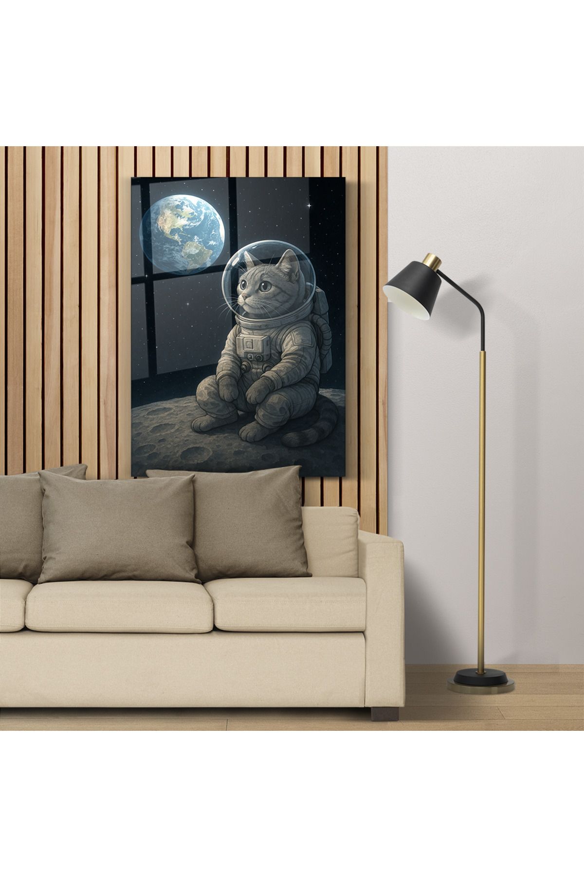 PoyKilArt Cam Tablo - Astronot Kedi Keşifte - Duvar dekorasyonu - Ofis dekorasyonu - Duvar tablosu - DK