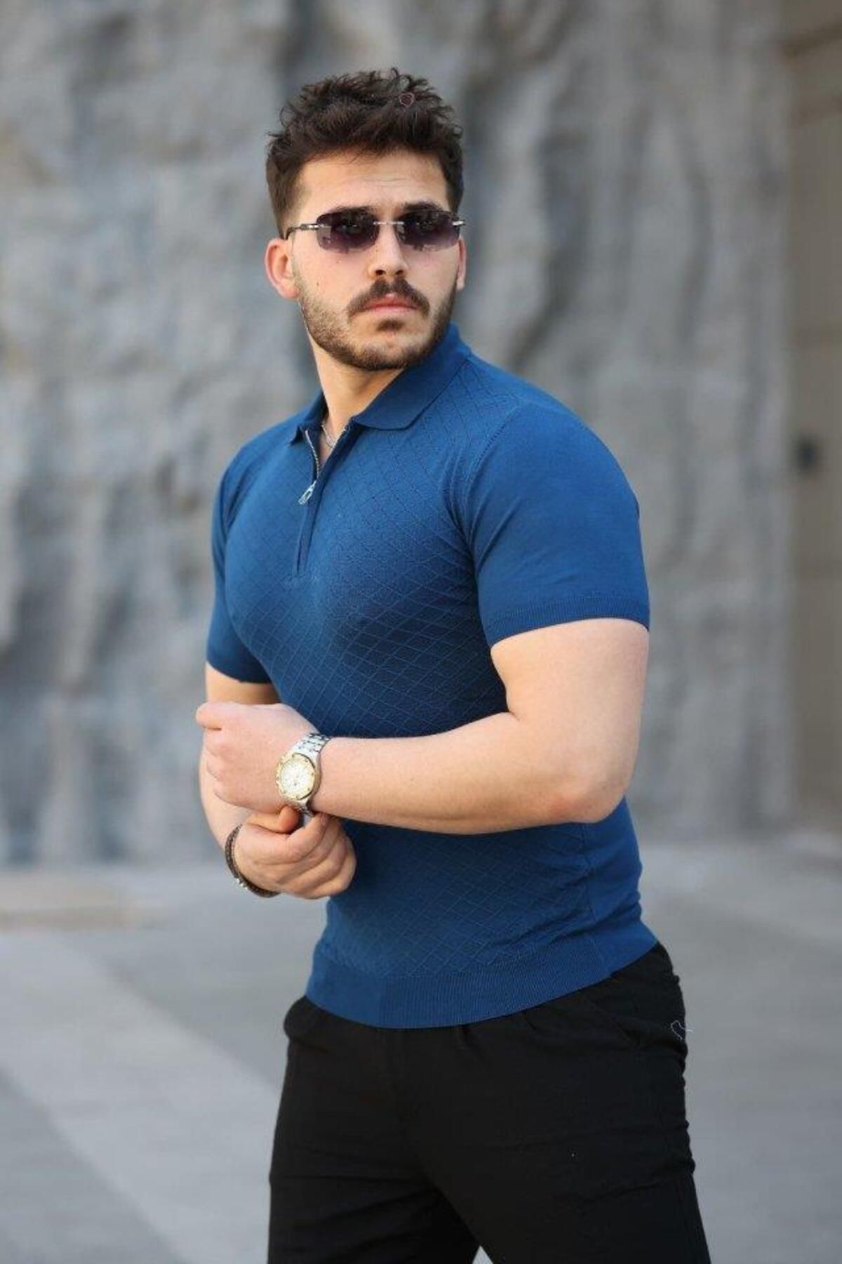 modamtn Erkek Viskon Kumaş Polo Yaka Desenli Tişört