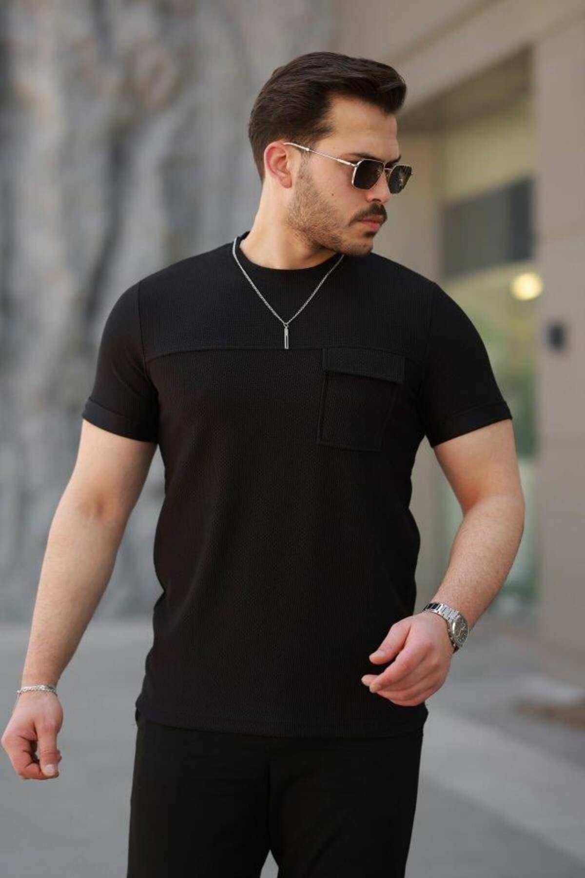 modamtn Erkek Cepli Kolyeli Kısa Kollu örme Kumaş T-shirt