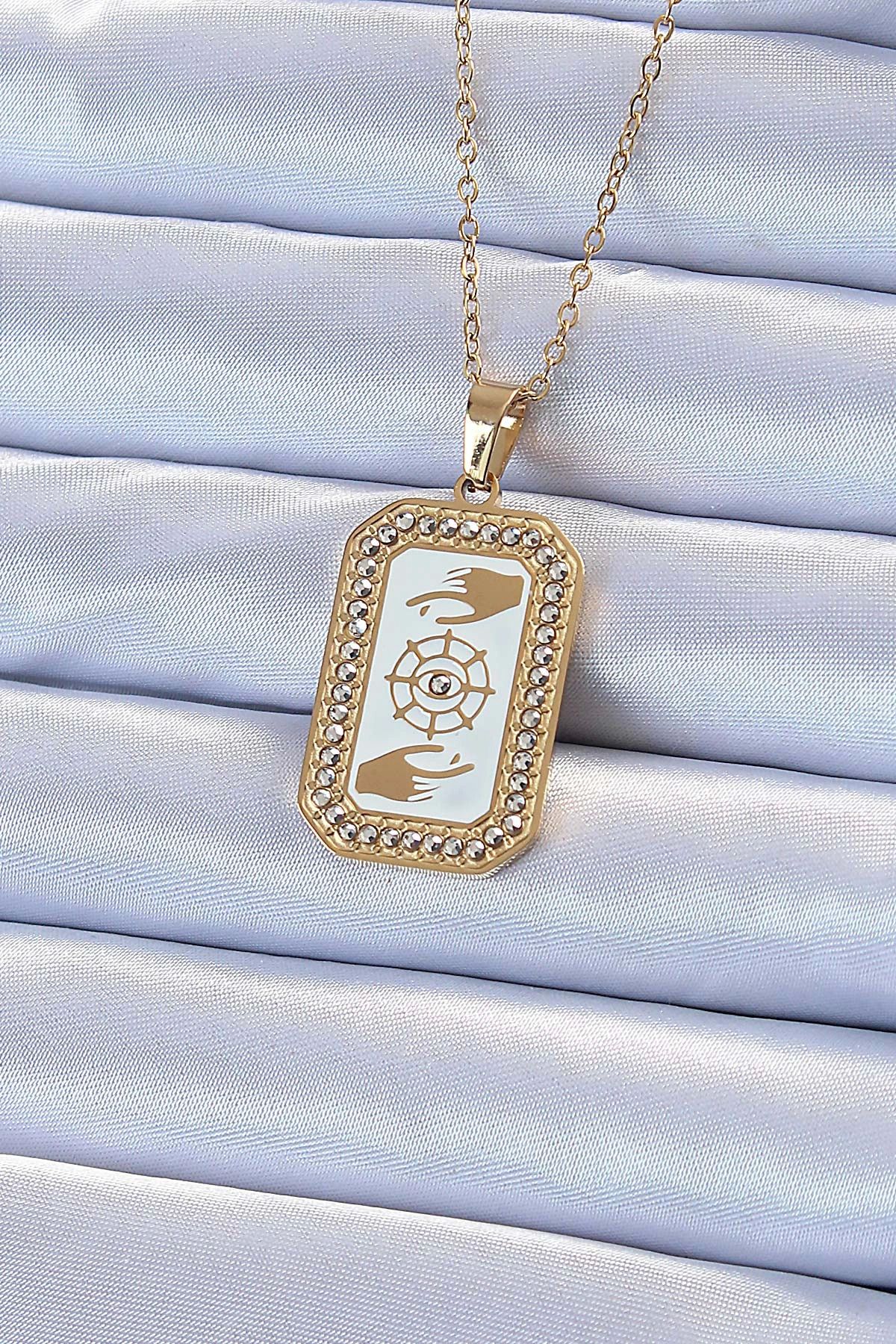 shopwave 316L Çelik Zincir Altın Renk Mineli Zirkon Taşlı Göz Figür Tarot Kolye
