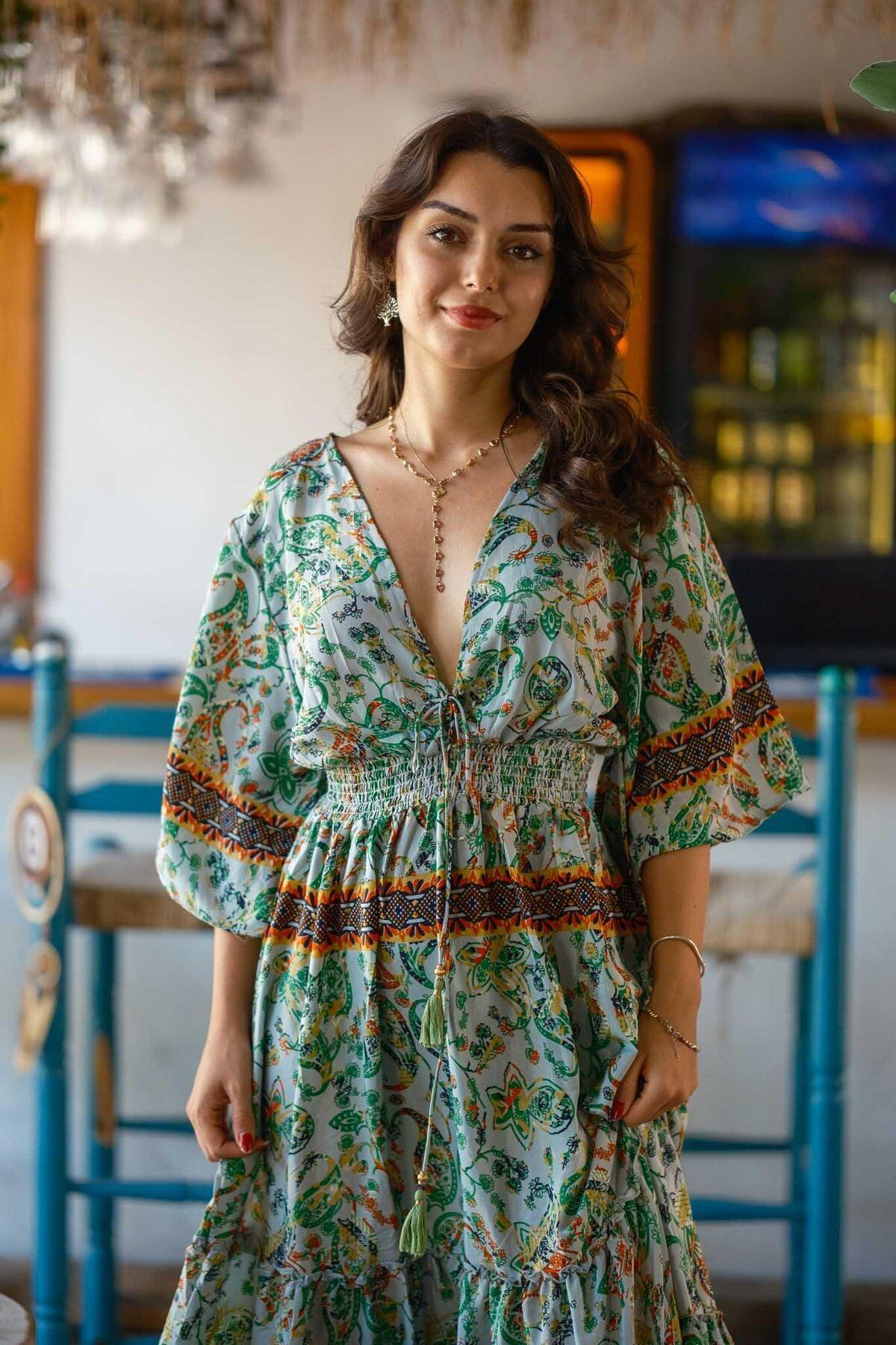 Miss Boheme Yeşil Renk Bağlama Detaylı Yarım Kollu Uzun İpek Elbise