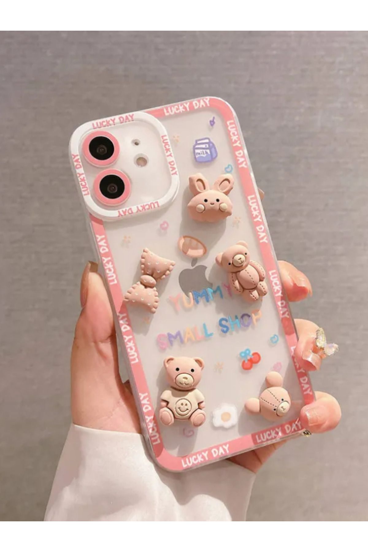 Teknodur Apple Iphone 14 Pro Uyumlu Zebana Bear and Rabbit Silikon Kılıf Pembe