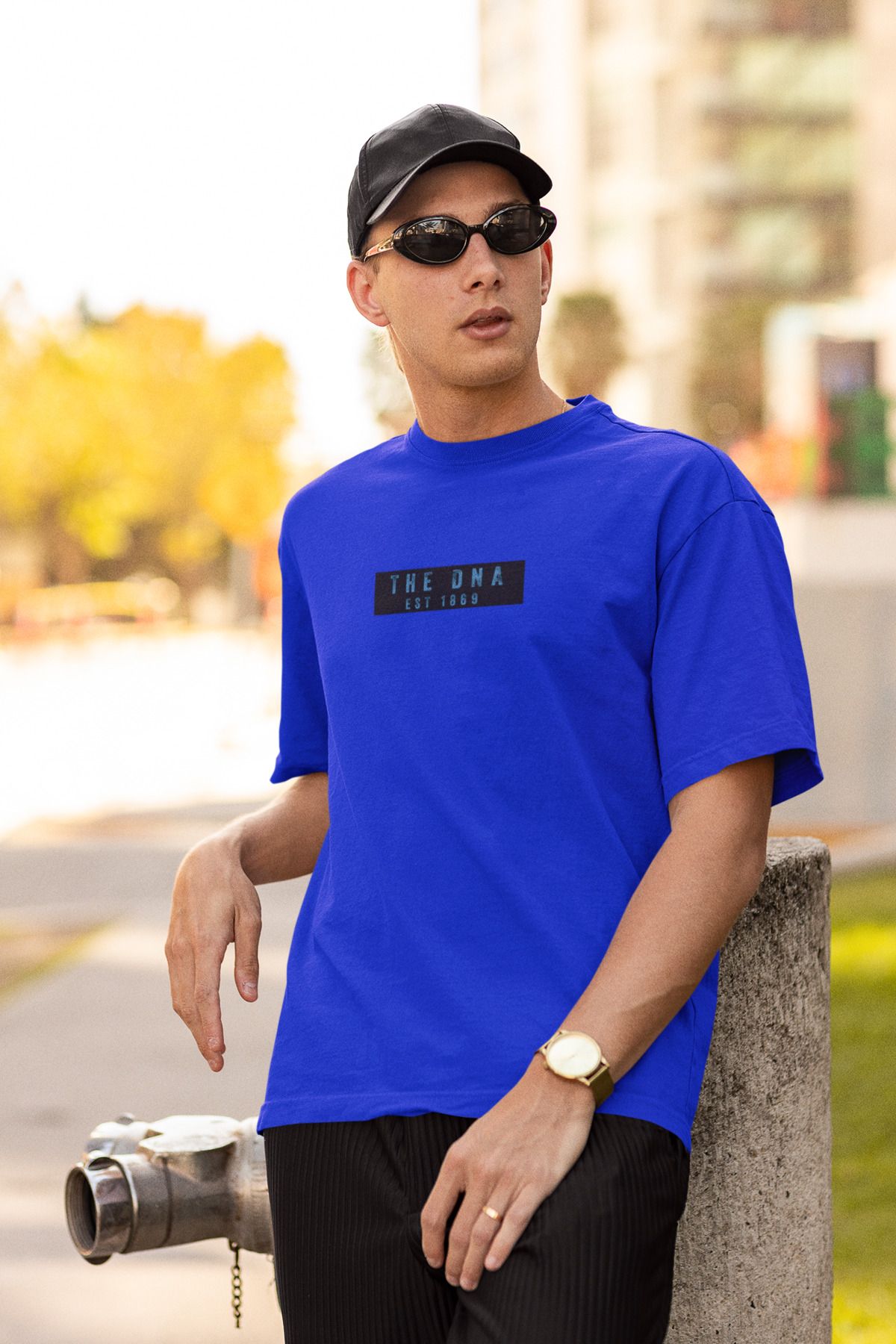 Uniquetex NUBENSE / DENPA-21 - Oversize Unisex DNA Baskılı Sax Mavi Bisiklet Yaka T-shirt (Bilim Tişört)