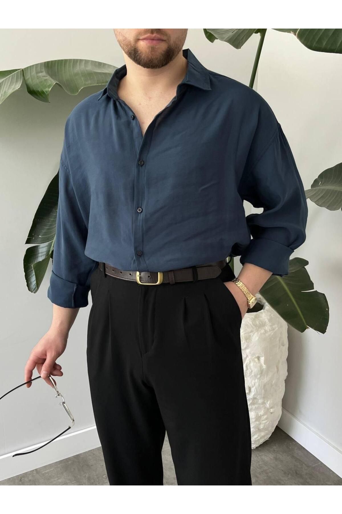 MODA MODAL PETROL MAVİ OVERSİZE GÖMLEK