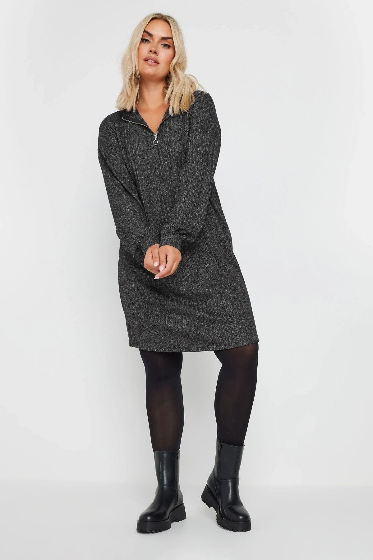 Stil Diva Büyük Beden Yumuşak Kumaş Yakası Fermuarlı Fitilli Tunik Elbise 322179