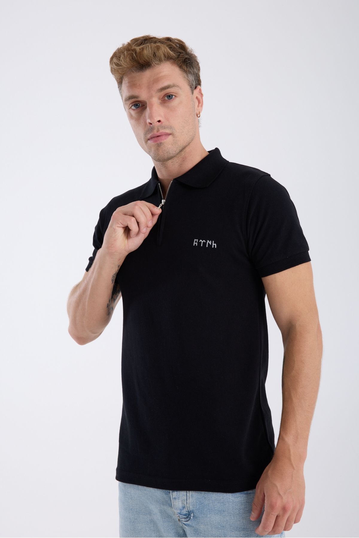 VEK Polo Yaka T-Shirt Göktürk Harfleri Türk Baskılı Nakışlı Özel Tasarım %100 Pamuk Slim Fit Fermuarlı