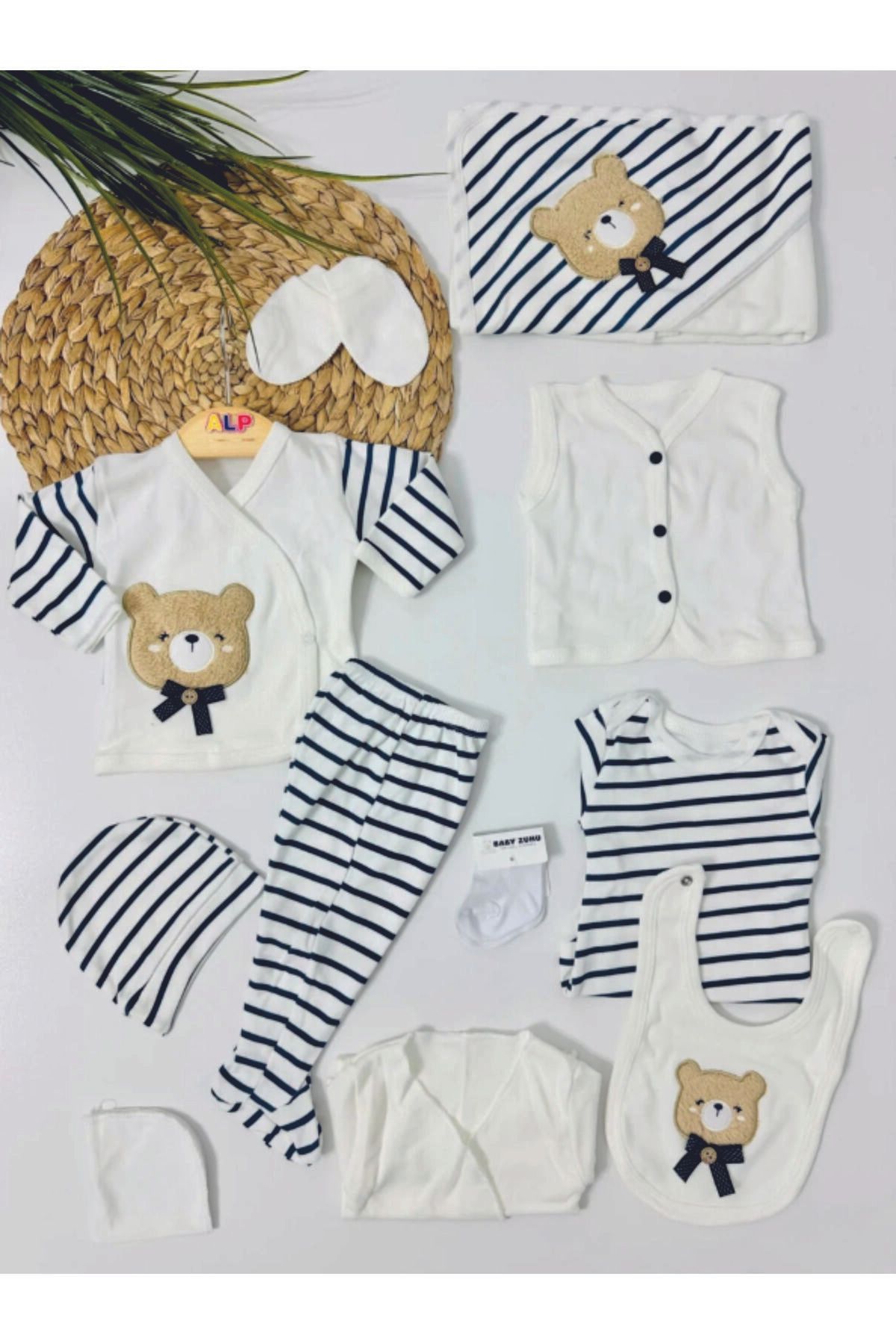 Baby Wings Sevimli Ayıcık Nakışlı Çizgili 10'lu Set Hastane Çıkışı