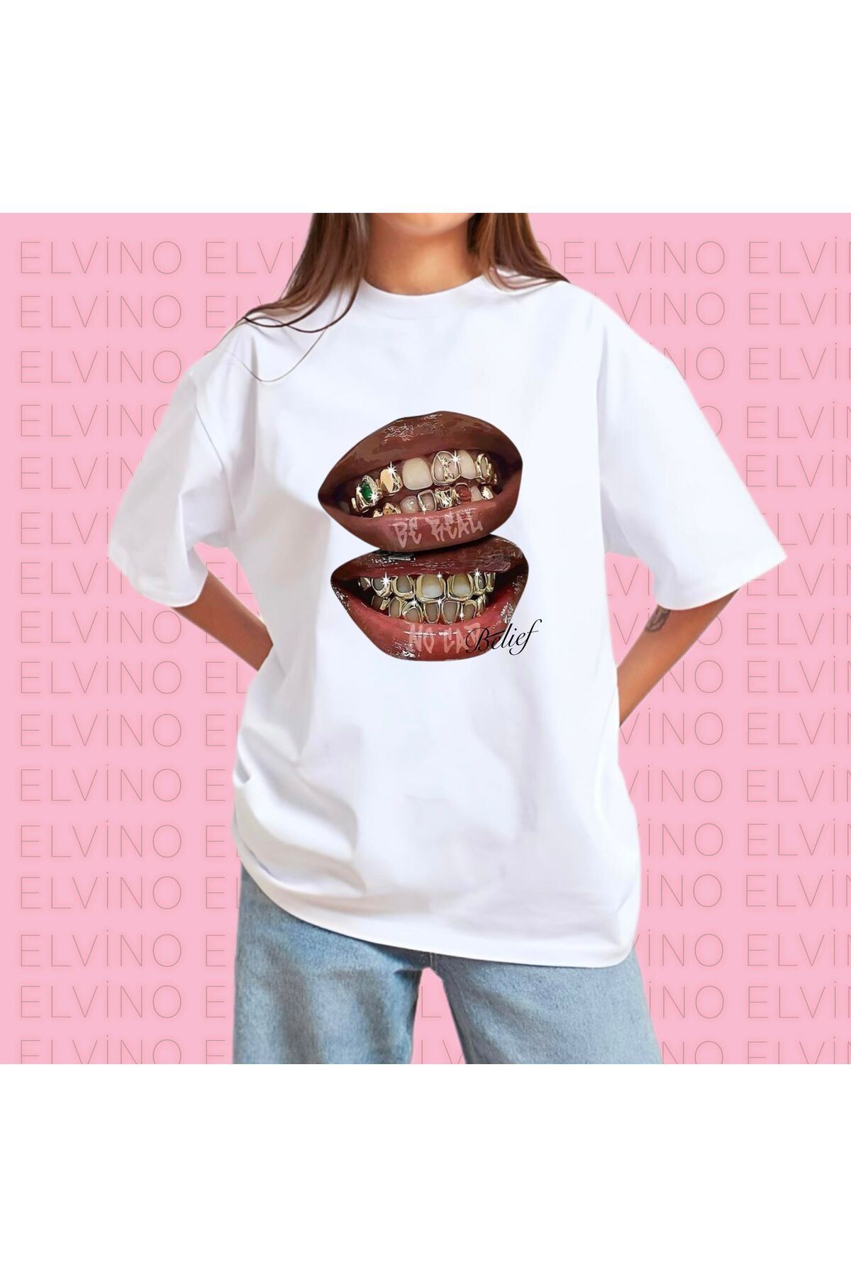 Elvino Grillz Tee Baskılı Oversize Unisex Kadın/Erkek Bisiklet Yaka Pamuklu Tshirt
