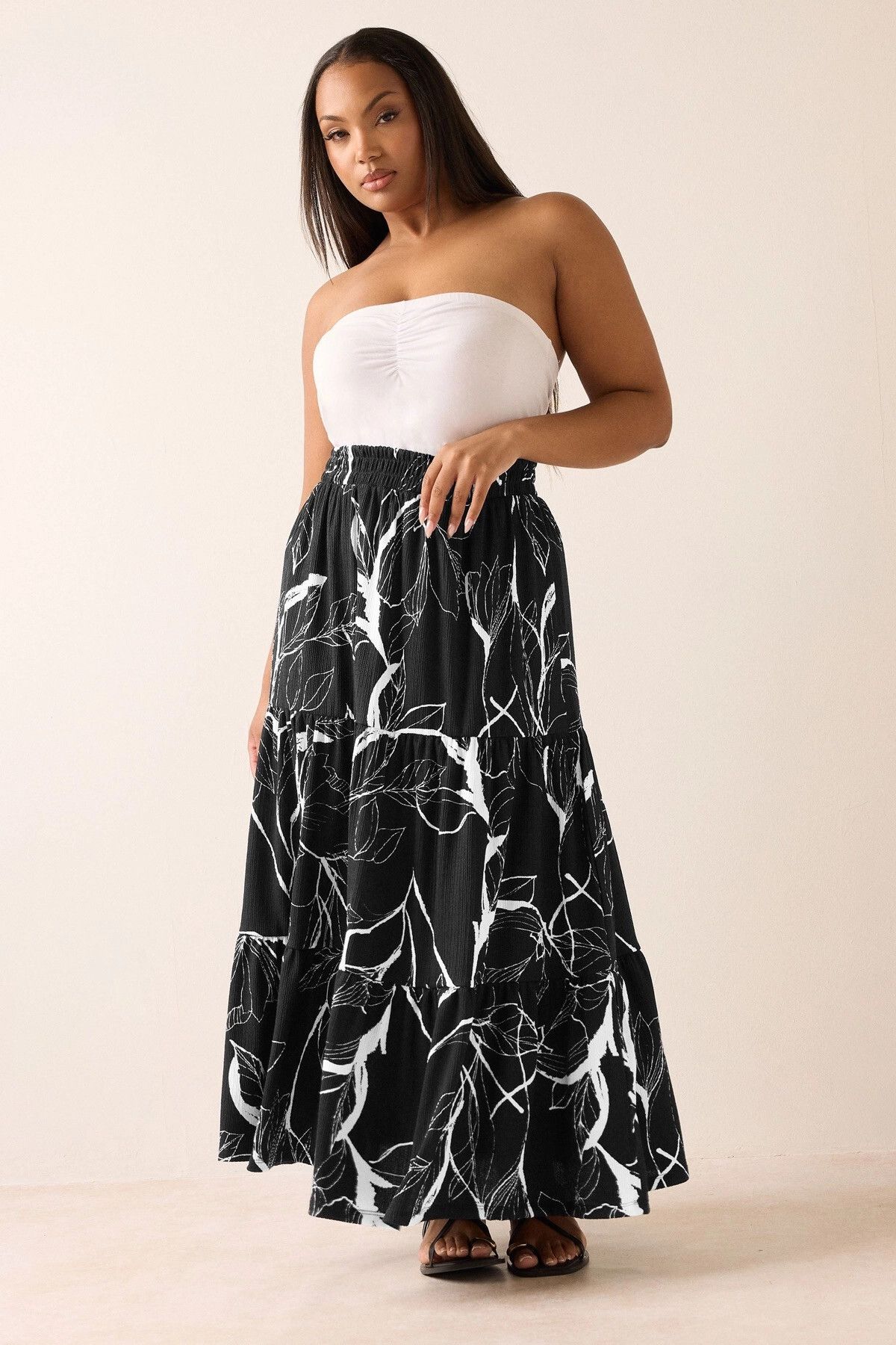 Stil Diva Büyük Beden Bürümcük Kumaş Çiçek Desenli Beli Lastikli Etek 304235